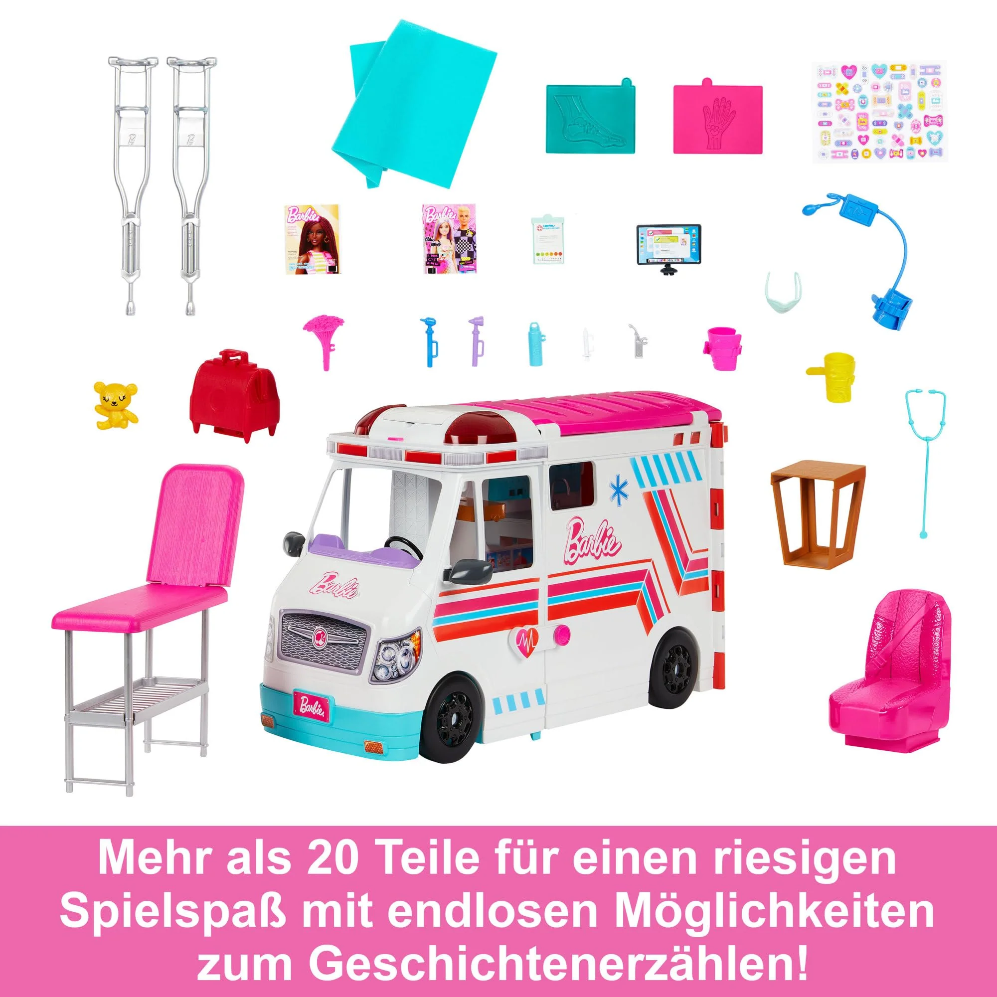 Barbie 2-in-1-Krankenwagen Spielset, Rettungswagen mit Lichtern und Geräuschen, umwandelbar in Pflegeklinik, 20 Puppenzubehör, Spielzeug ab 3 Jahren, HKT79 - Image 3