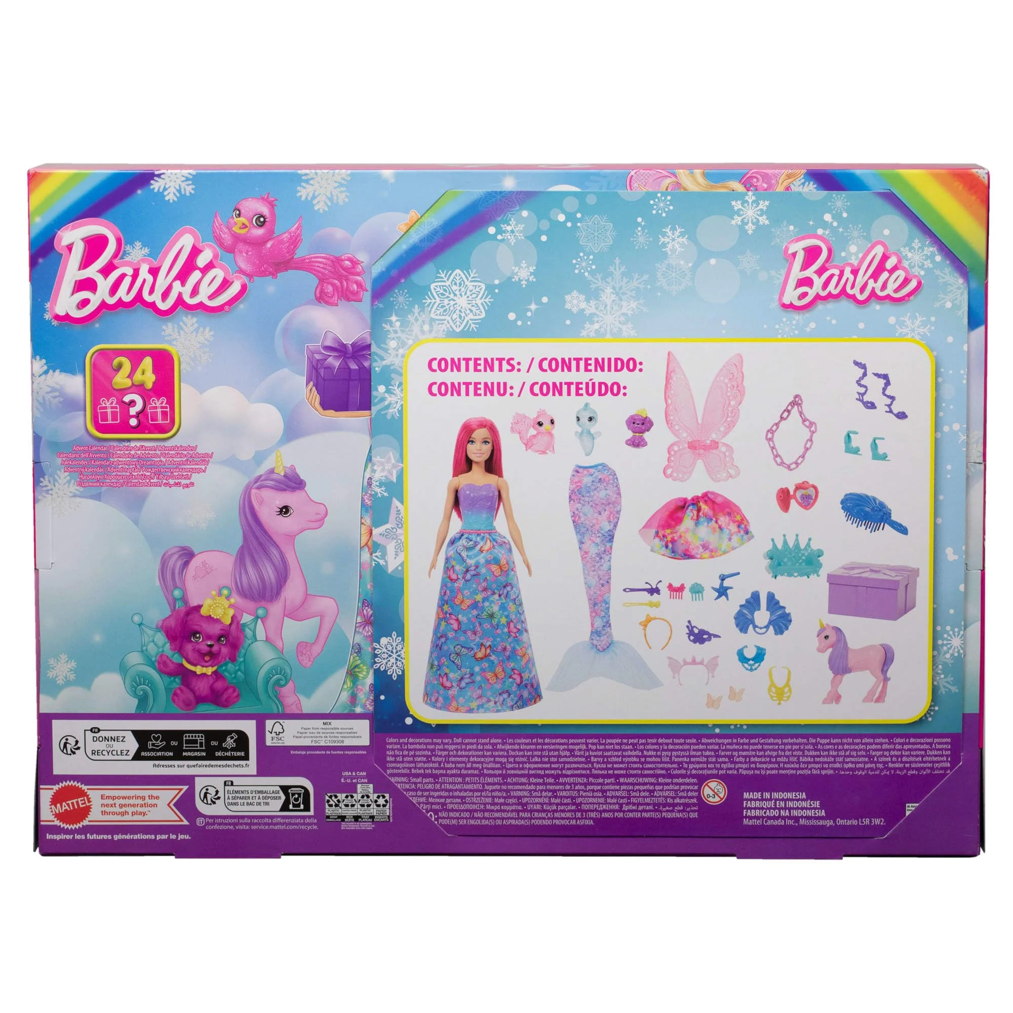 Barbie-Adventskalender mit Puppe und 24 Überraschungs-Accessoires mit Einhorn und 3 Tieren, die Modepuppe mit rosa Haaren kann in eine Meerjungfrau, Fee und mehr verwandelt Werden, HRG90 - Image 2
