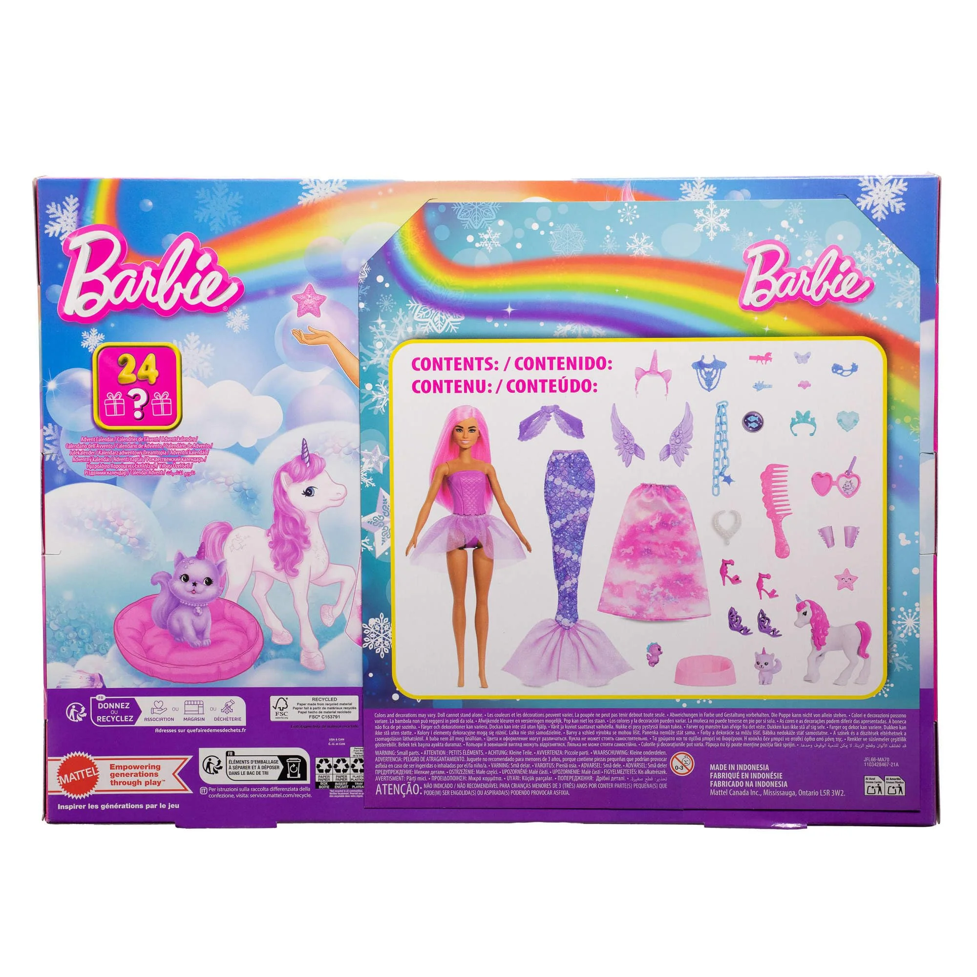 Barbie-Adventskalender mit Puppe und 24 Überraschungs-Accessoires mit Einhorn und Tieren, die Modepuppe kann in eine Meerjungfrau, Fee und mehr verwandelt Werden. ,JFL66 - Image 2