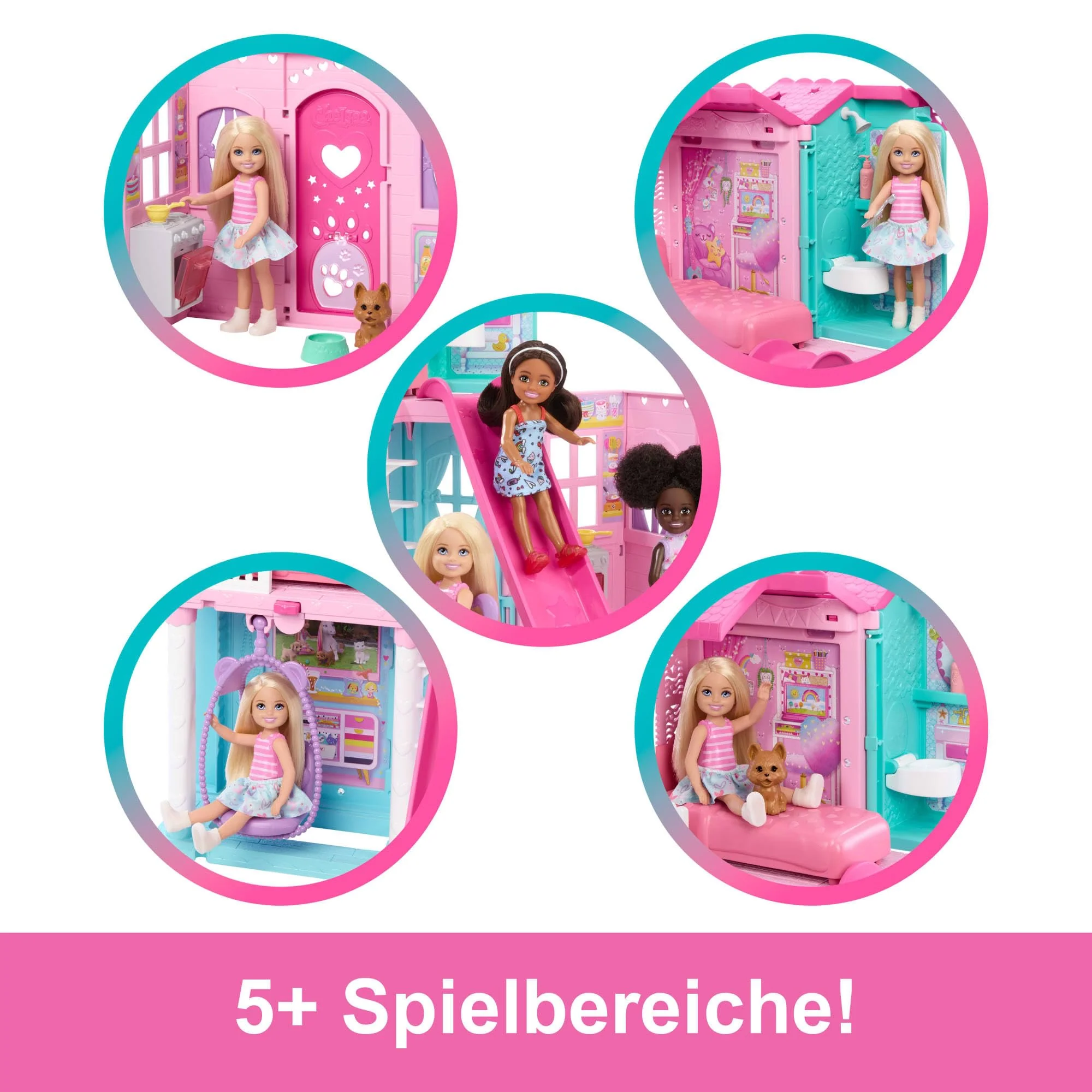 Barbie Chelsea Spielzeug-Puppenhaus mit über 15 Accessoires, das Pop-up-Haus erweitert Sich auf über 42 x 33 cm mit 5 Spielbereichen und Rutsche, mit Kleiner Puppe und Hund, JFW49 - Image 4