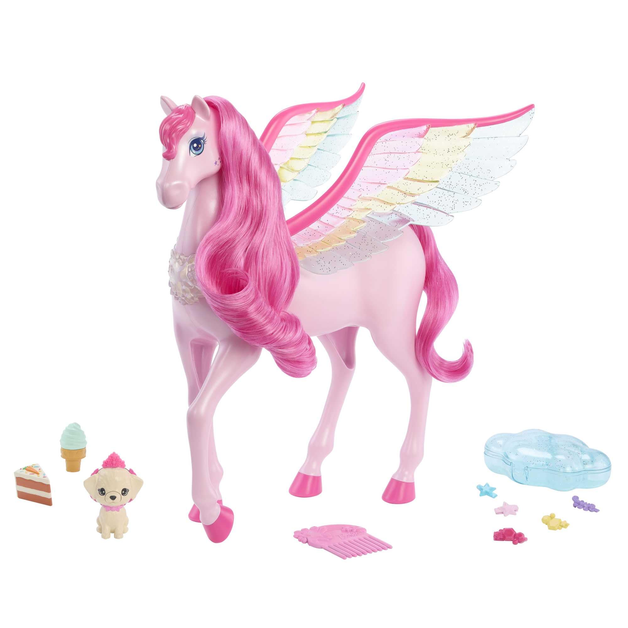 Barbie Ein Verborgener Zauber Pegasus - Interaktives Spielzeug mit Lichtern und Geräuschen, 10 Zubehörteile, Regenbogenflügel, für Kinder ab 3 Jahren, HLC41