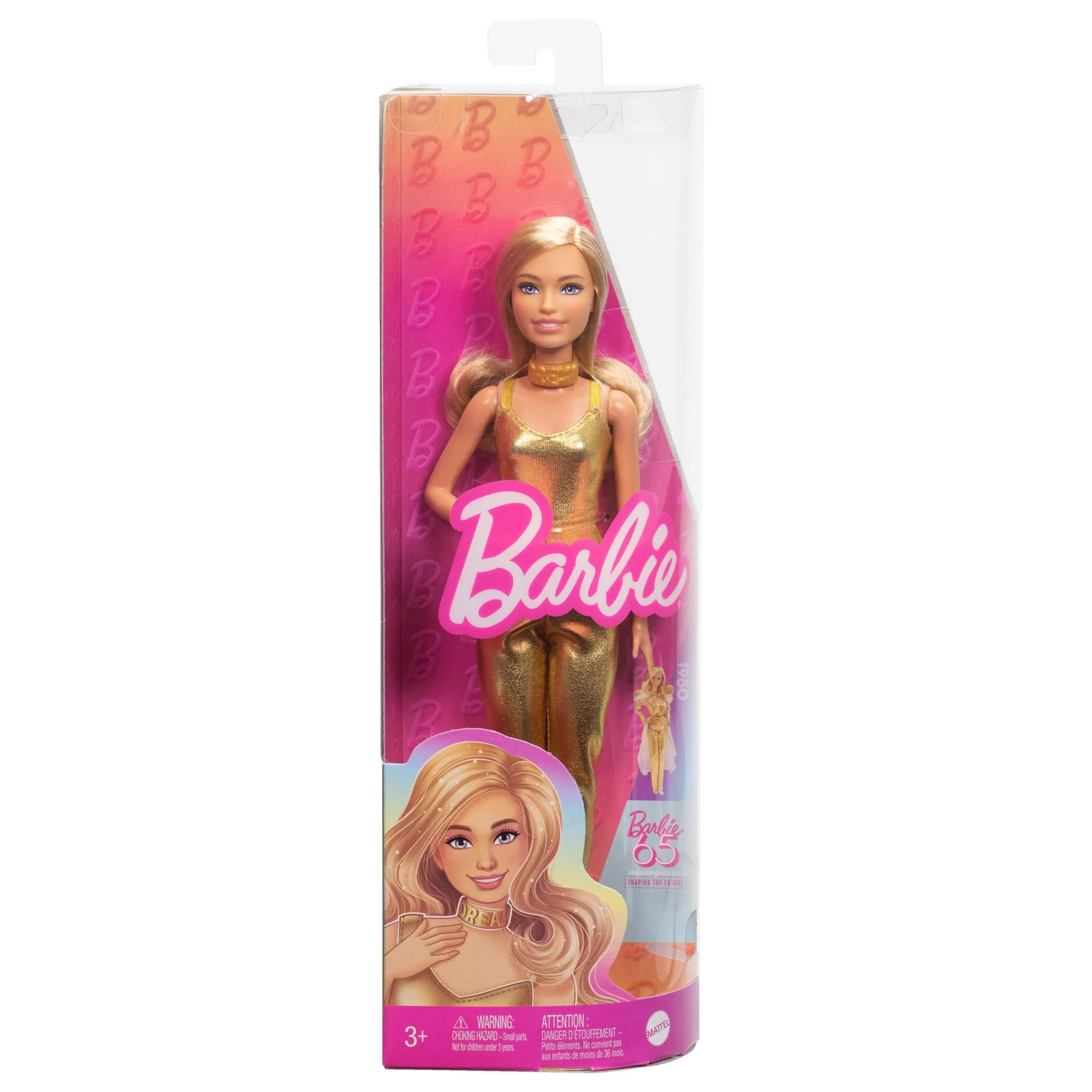 Barbie Fashionistas Puppe #222, Petite Körpergröße mit welligen blonden Haaren, goldenem Jumpsuit und Accessoires, sammelbare Modepuppe zum 65. Jubiläum, HRH19, Gold - Image 2