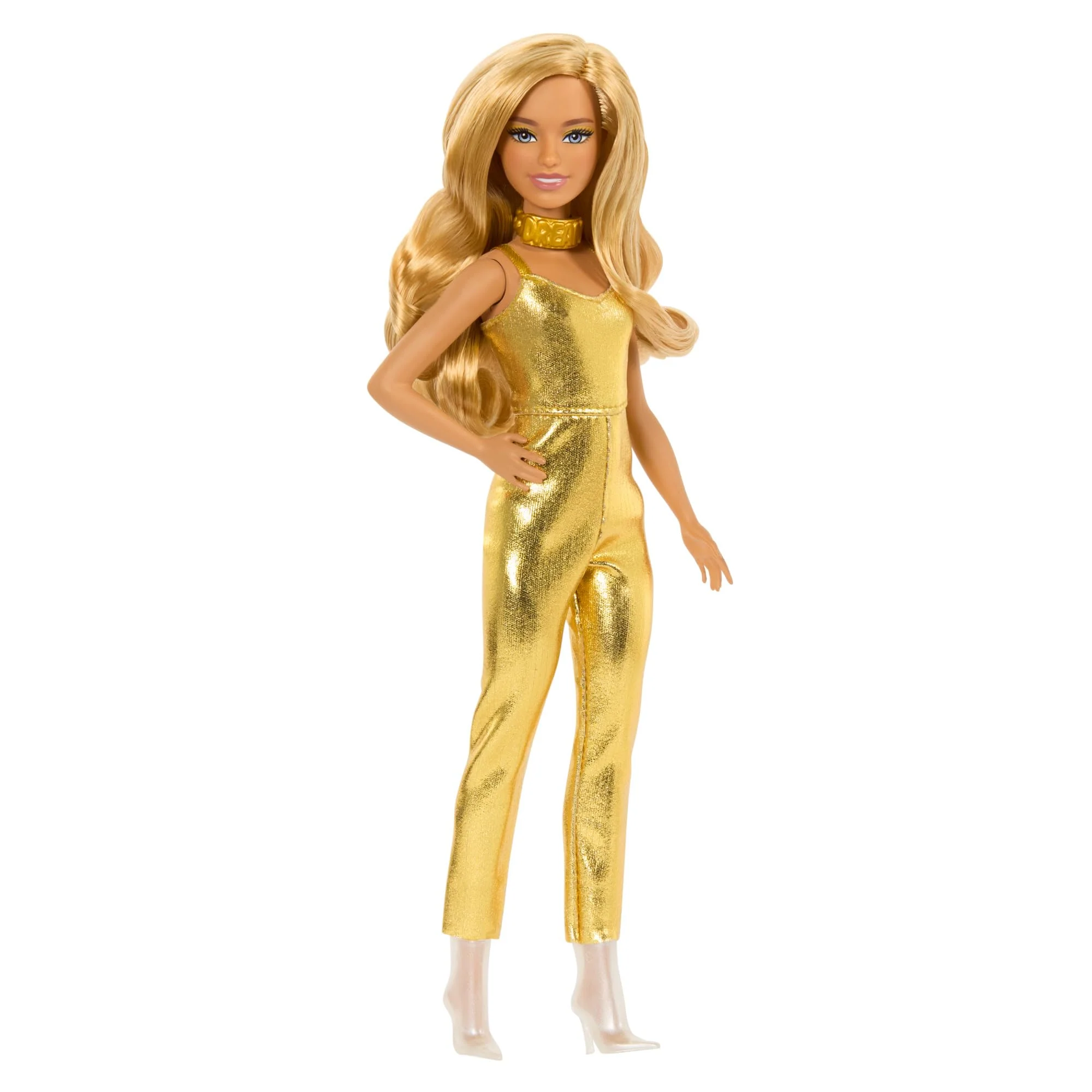 Barbie Fashionistas Puppe #222, Petite Körpergröße mit welligen blonden Haaren, goldenem Jumpsuit und Accessoires, sammelbare Modepuppe zum 65. Jubiläum, HRH19, Gold - Image 3