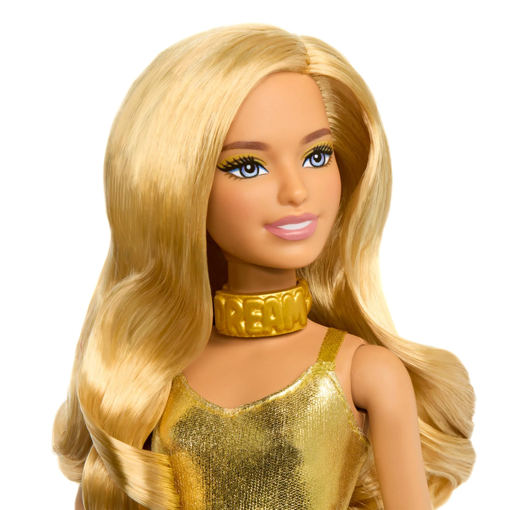 Barbie Fashionistas Puppe #222, Petite Körpergröße mit welligen blonden Haaren, goldenem Jumpsuit und Accessoires, sammelbare Modepuppe zum 65. Jubiläum, HRH19, Gold - Image 5