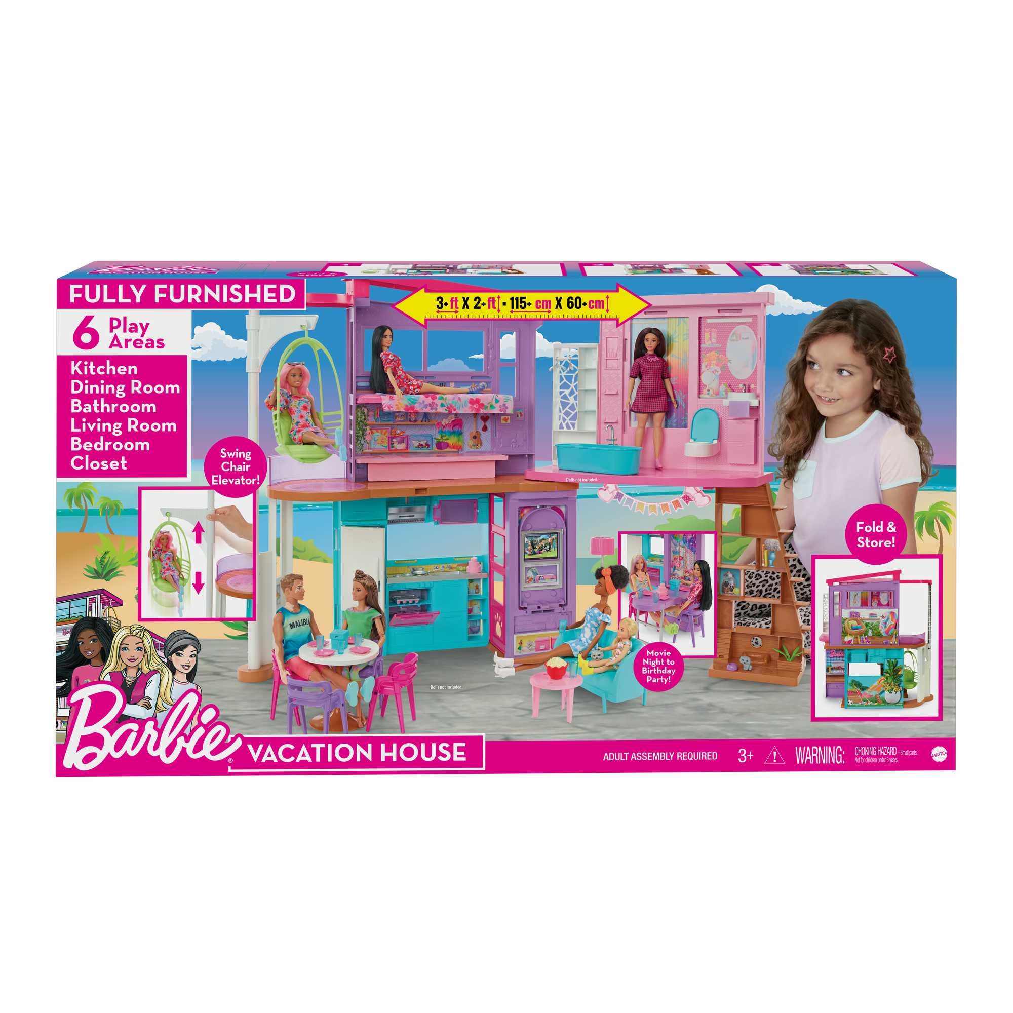 Barbie-Ferienhaus (116 x 77,9 cm), 6 Spielbereiche, komplett eingerichtet Zubehör, Möbeln und Aufzug, klapp- und verstaubar, Puppe, Geschenk für Kinder ab 3 Jahren, HCD50 - Image 2