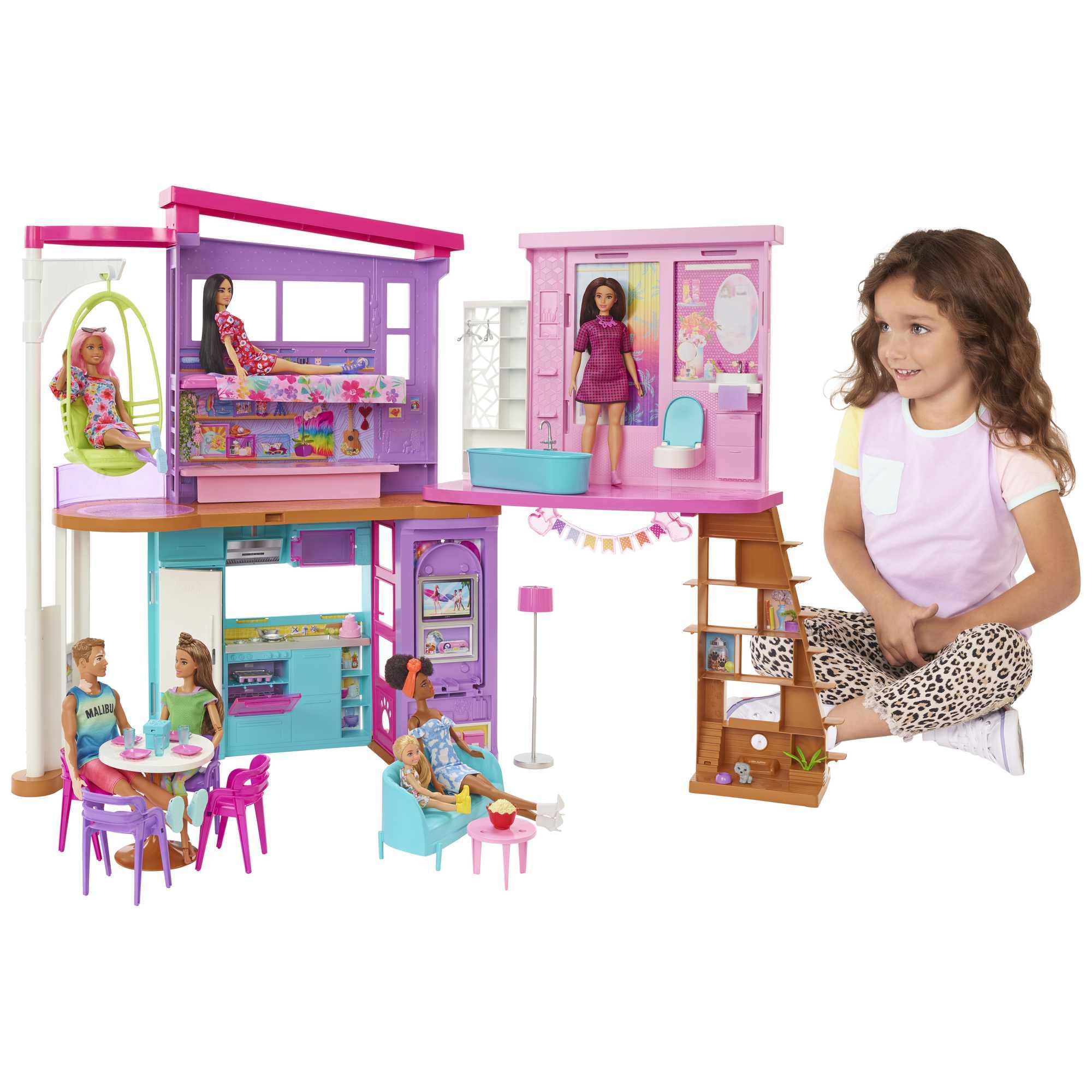Barbie-Ferienhaus (116 x 77,9 cm), 6 Spielbereiche, komplett eingerichtet Zubehör, Möbeln und Aufzug, klapp- und verstaubar, Puppe, Geschenk für Kinder ab 3 Jahren, HCD50 - Image 7