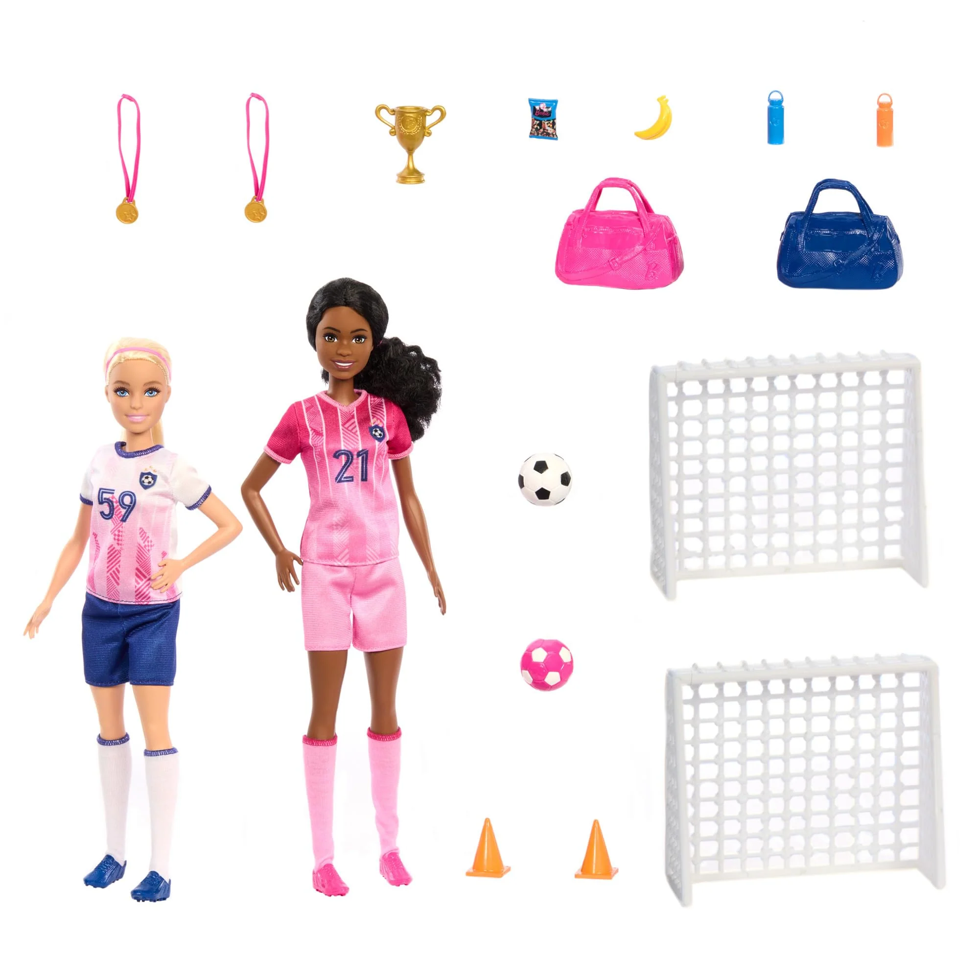 BARBIE Fußballspielset - 2 Puppen und 15 Zubehörteile für Spielspaß, 2 Tore, 2 Kegel, 2 Fußbälle, Snacks, Wasserflaschen, Medaillen, Trophäe, Sporttaschen, für Kinder ab 3 Jahren, HRG88 - Image 4