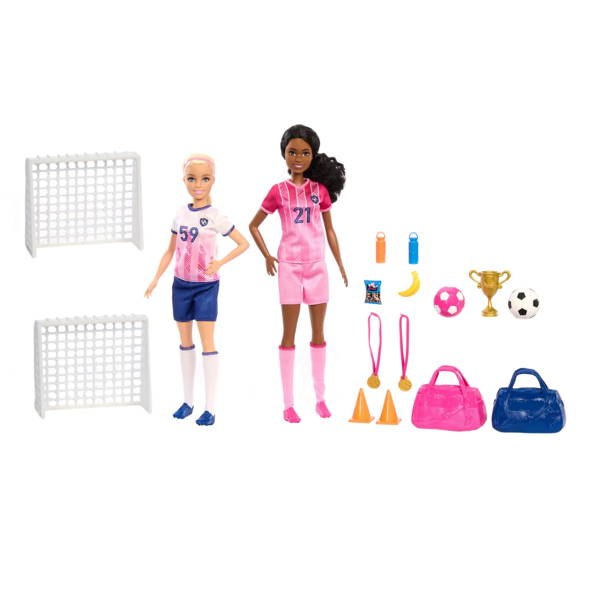 BARBIE Fußballspielset - 2 Puppen und 15 Zubehörteile für Spielspaß, 2 Tore, 2 Kegel, 2 Fußbälle, Snacks, Wasserflaschen, Medaillen, Trophäe, Sporttaschen, für Kinder ab 3 Jahren, HRG88 - Image 6