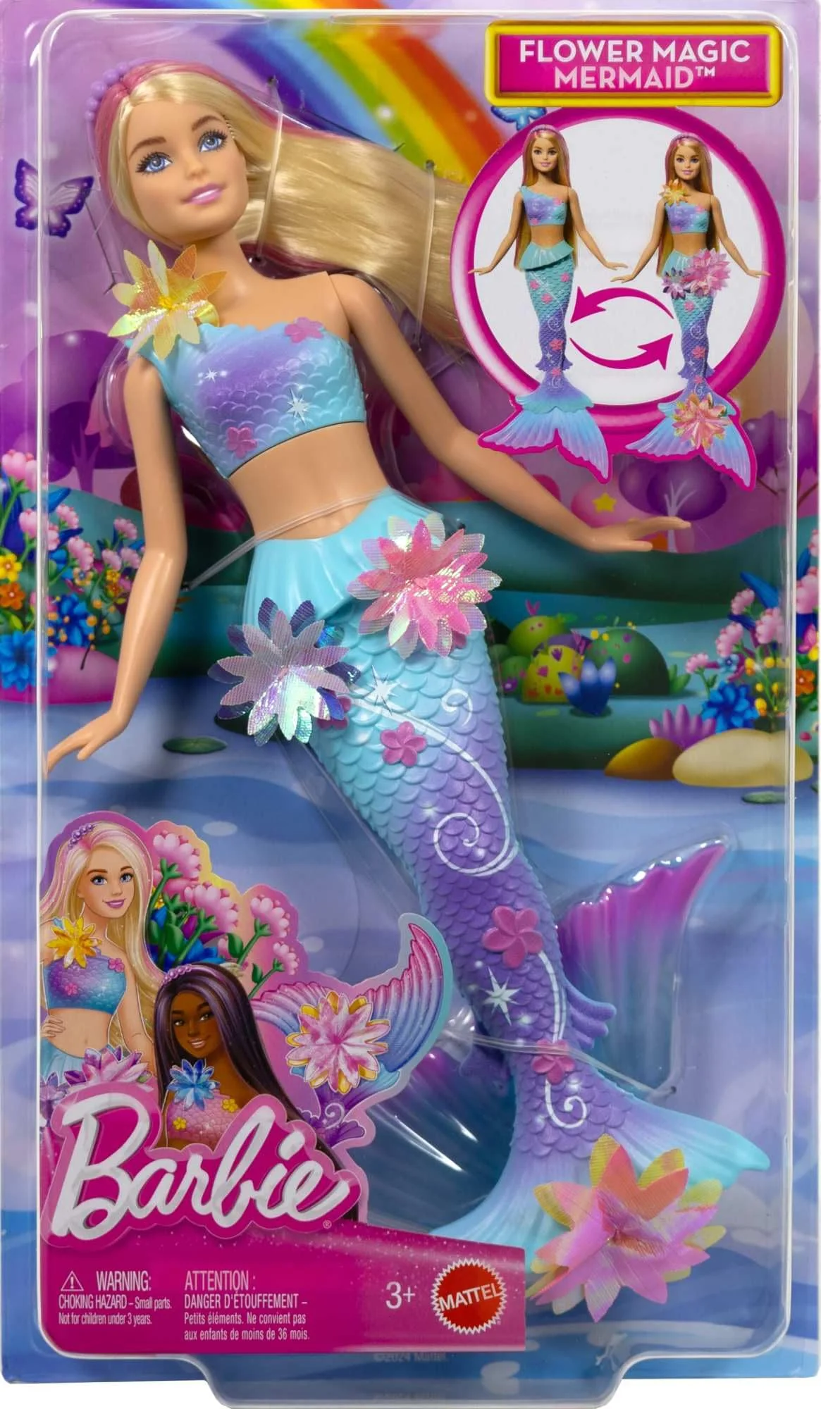 Barbie Meerjungfrauen-Spielzeugpuppe mit magischer Überraschungsblüte, Schwanzflosse mit Farbverlauf, perlenbesetztem Haarreif und langem blonden Haar mit rosa Strähchen, JDM72 - Image 2