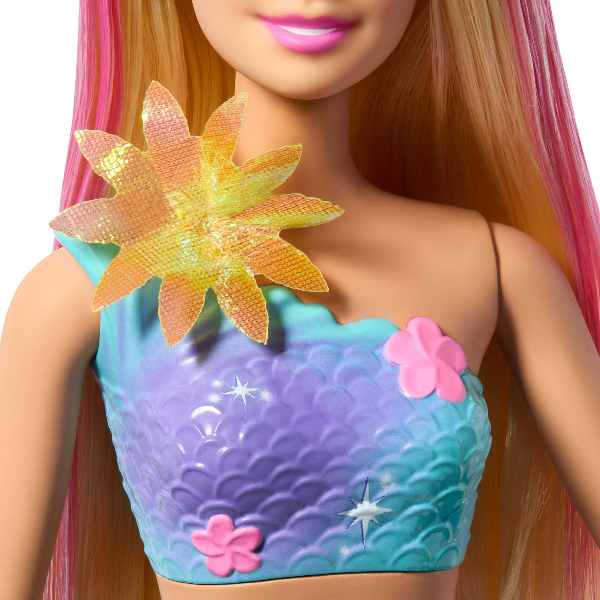 Barbie Meerjungfrauen-Spielzeugpuppe mit magischer Überraschungsblüte, Schwanzflosse mit Farbverlauf, perlenbesetztem Haarreif und langem blonden Haar mit rosa Strähchen, JDM72 - Image 3