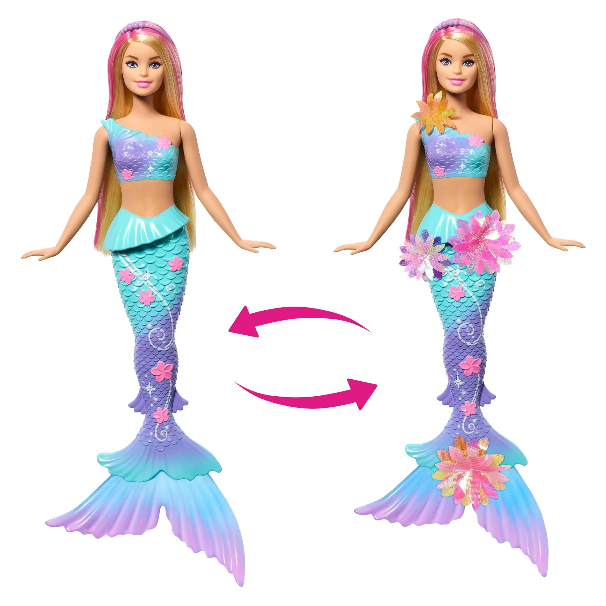 Barbie Meerjungfrauen-Spielzeugpuppe mit magischer Überraschungsblüte, Schwanzflosse mit Farbverlauf, perlenbesetztem Haarreif und langem blonden Haar mit rosa Strähchen, JDM72 - Image 4