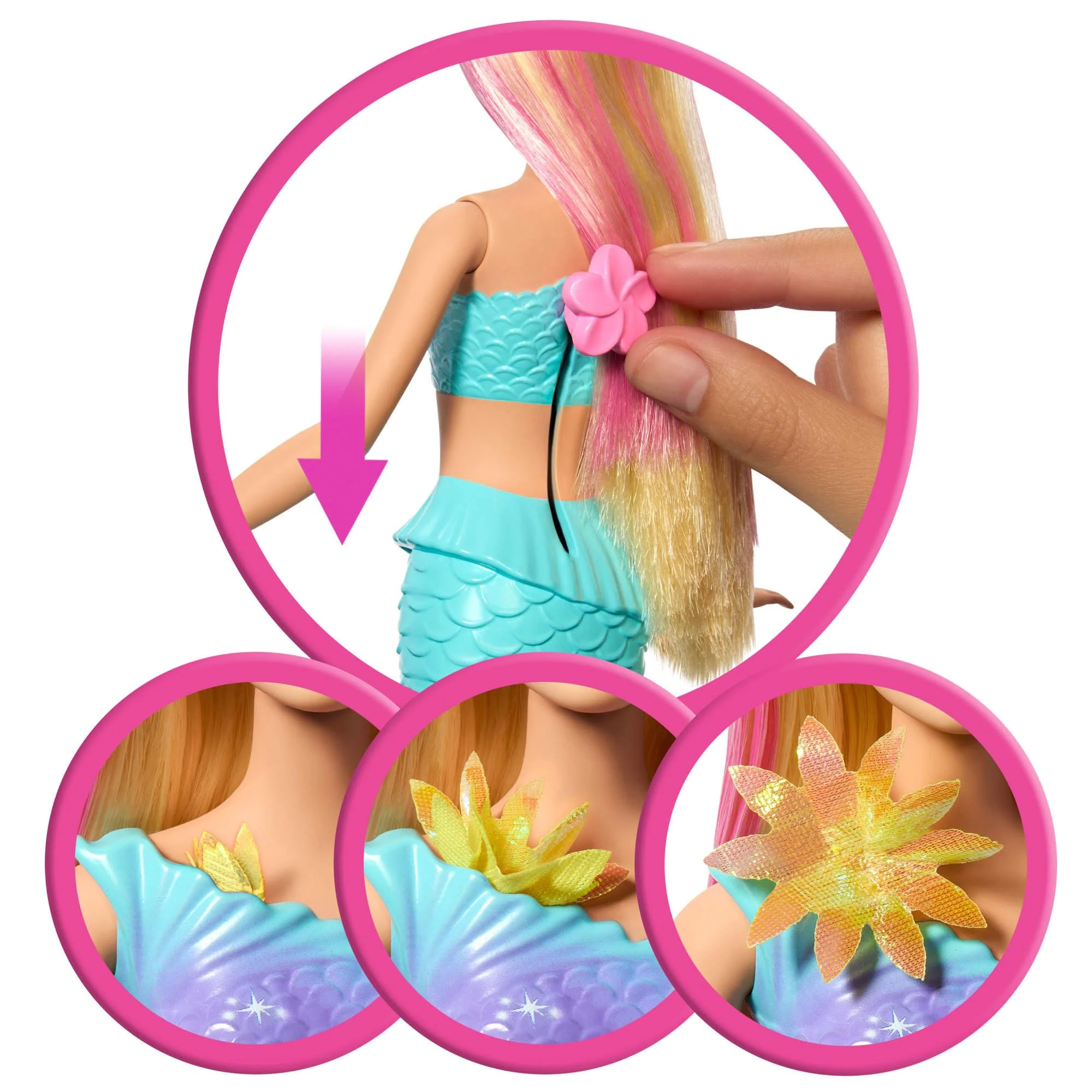 Barbie Meerjungfrauen-Spielzeugpuppe mit magischer Überraschungsblüte, Schwanzflosse mit Farbverlauf, perlenbesetztem Haarreif und langem blonden Haar mit rosa Strähchen, JDM72 - Image 5