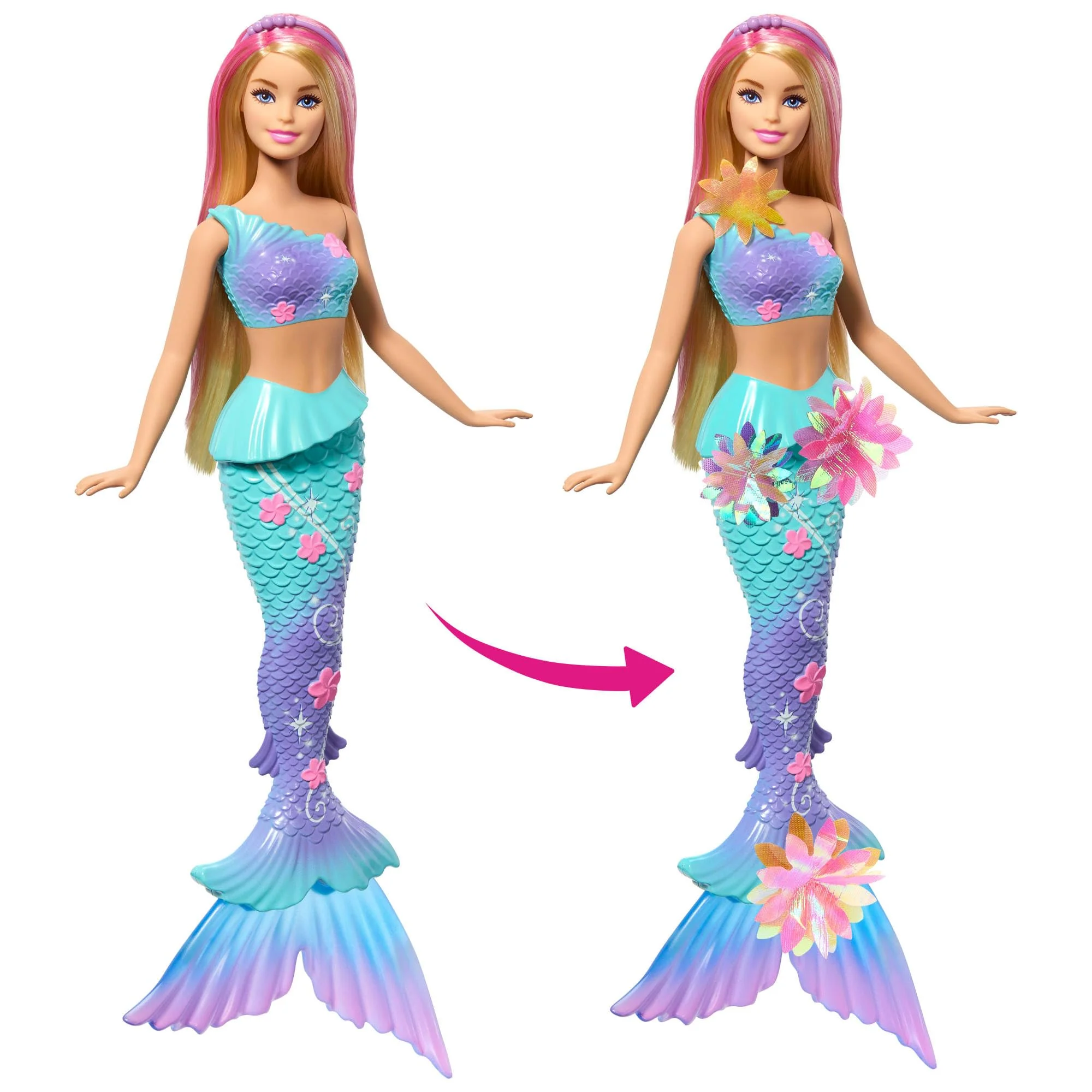 Barbie Meerjungfrauen-Spielzeugpuppe mit magischer Überraschungsblüte, Schwanzflosse mit Farbverlauf, perlenbesetztem Haarreif und langem blonden Haar mit rosa Strähchen, JDM72 - Image 6