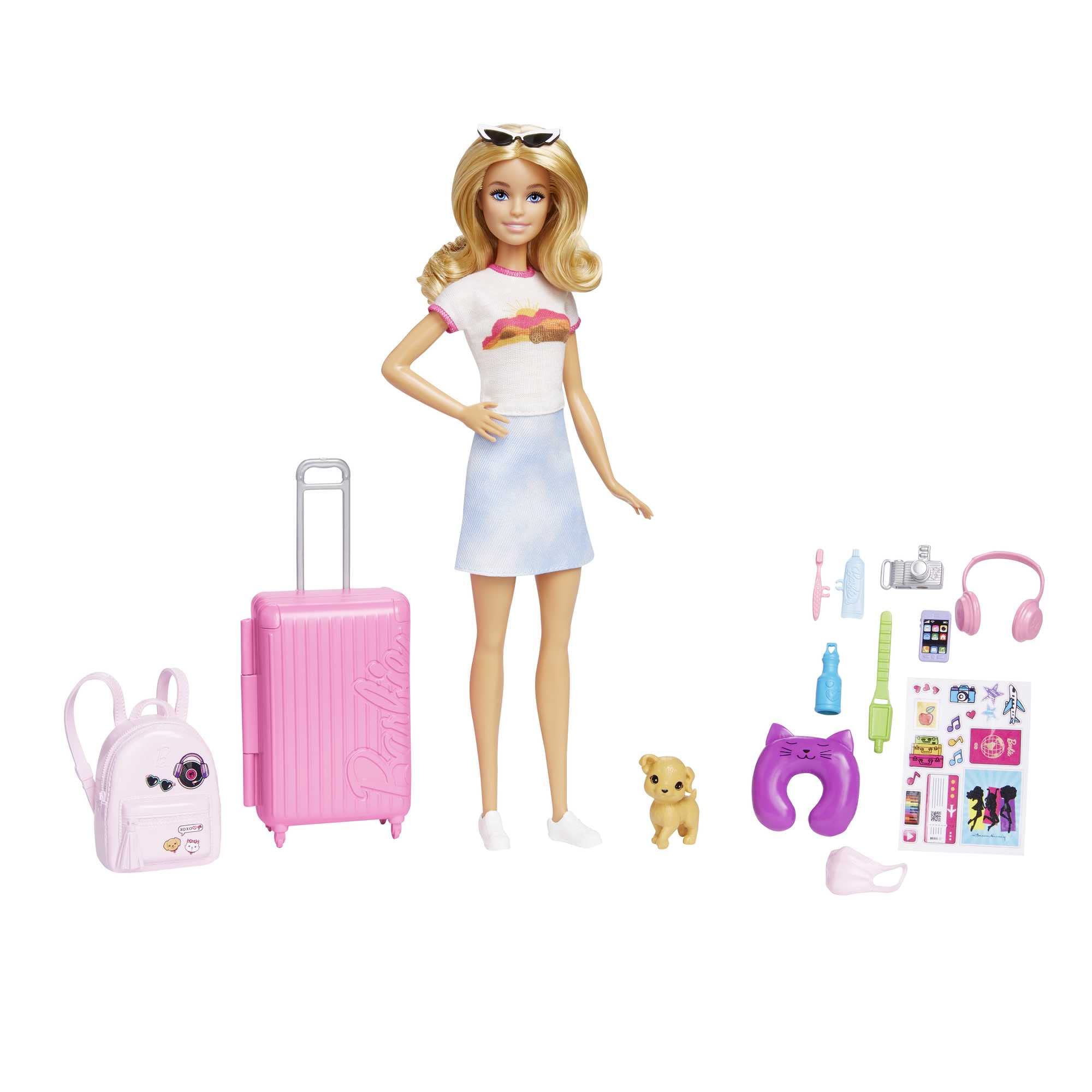 Barbie-Puppe, Reise-Barbie mit blonden Haaren, 10+ Reisezubehör, Aufkleber, Koffer, Welpe, inkl. 1 Puppe, Geschenk für Kinder, Spielzeug ab 3 Jahre,HJY18