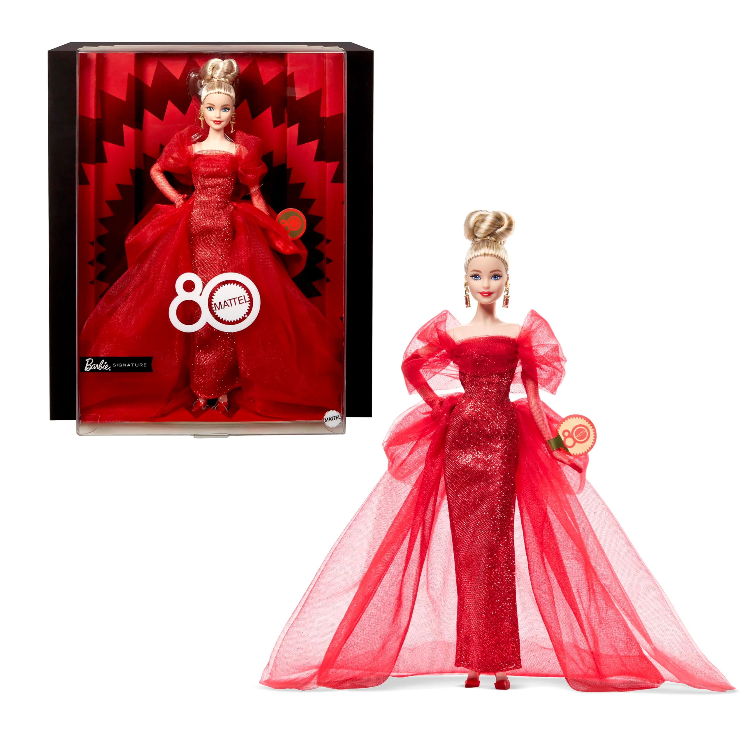 Barbie Signature Puppe, Sammelfigur zum 80. Jubiläum von Mattel in glitzerndem rotem Tüllkleid mit tropfenförmigen Ohrringen und hauchzarten Handschuhen, Blondes Haar, JBJ17
