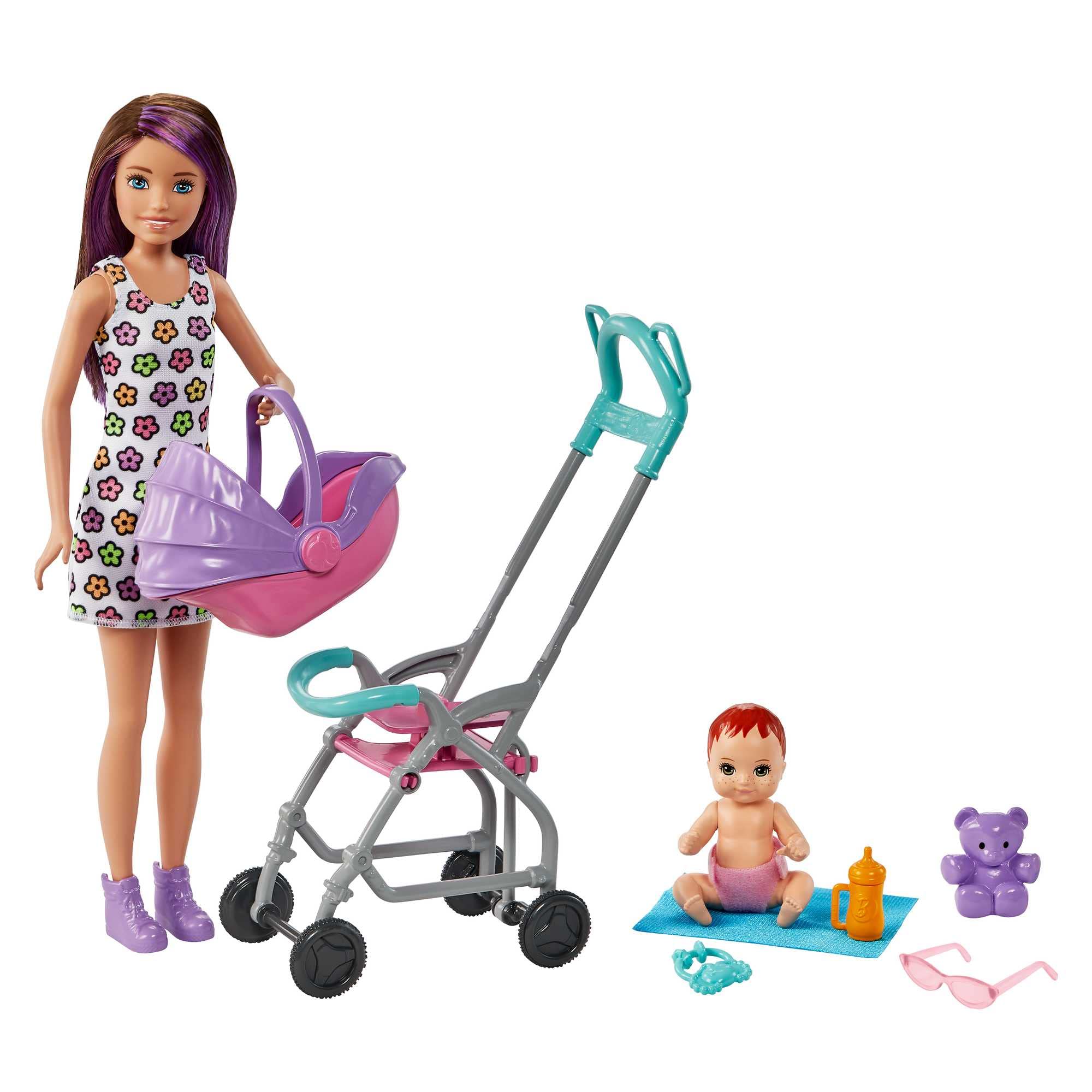 Barbie Skipper Babysitter Inc, Skipper mit braunen und lila Haaren, Baby, Kinderwagen, Babytrage, Zubehör, insgesamt 2 Puppen, Geschenk für Kinder, Spielzeug ab 3 Jahre,GXT34