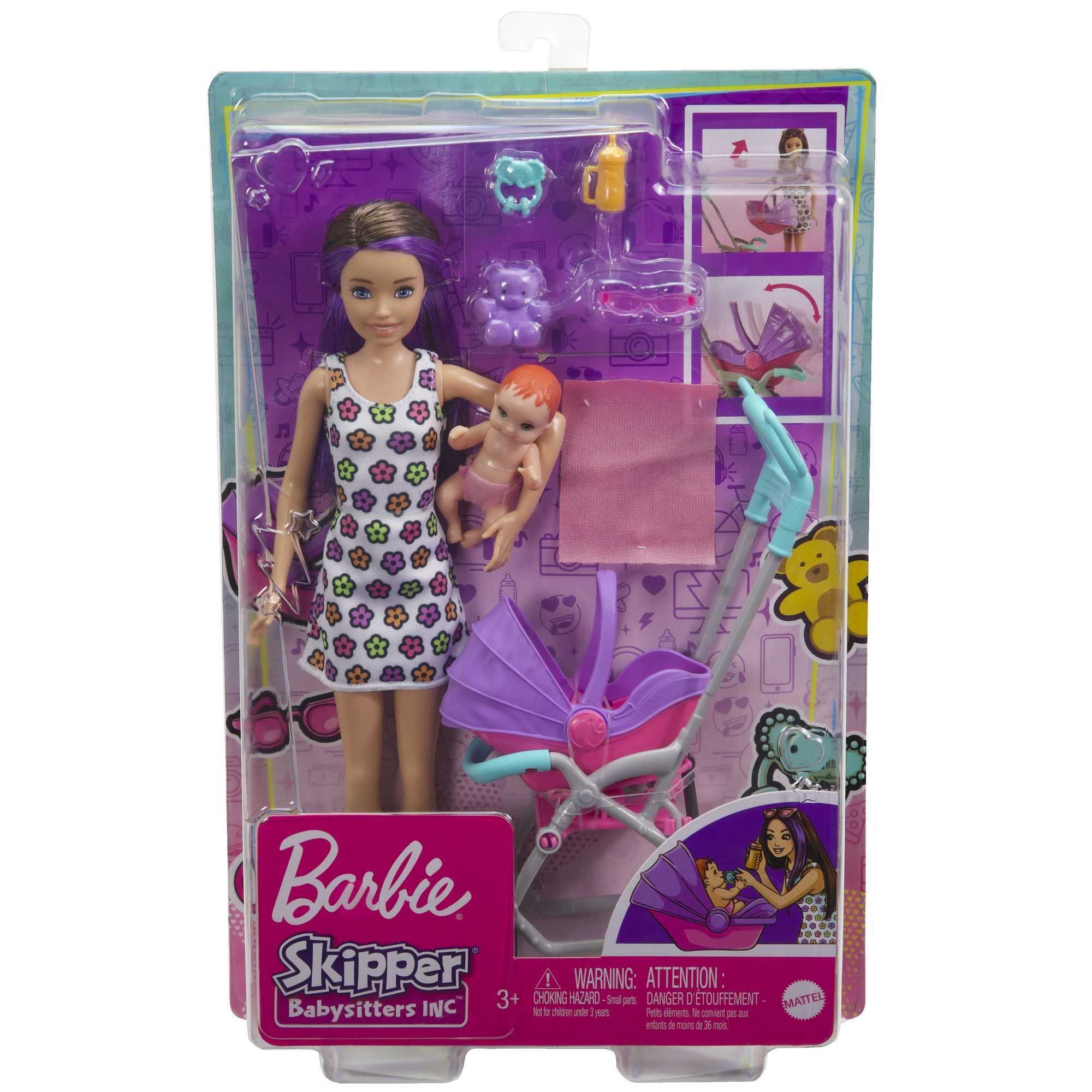 Barbie Skipper Babysitter Inc, Skipper mit braunen und lila Haaren, Baby, Kinderwagen, Babytrage, Zubehör, insgesamt 2 Puppen, Geschenk für Kinder, Spielzeug ab 3 Jahre,GXT34 - Image 2