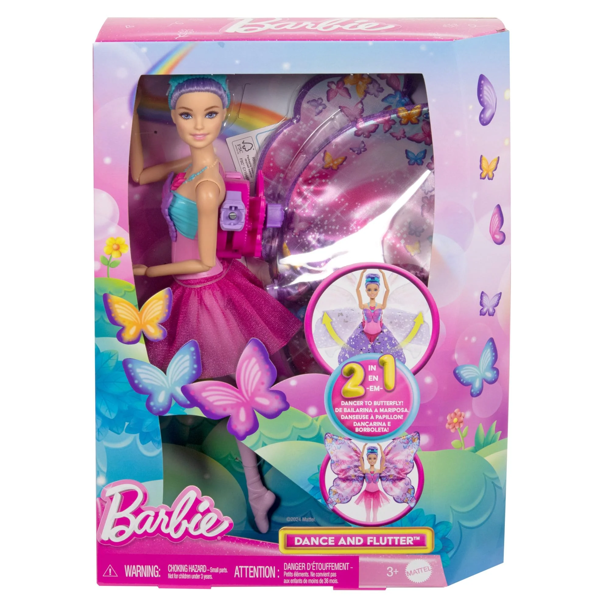 Barbie Tanz und Flatter Puppe mit 2-in-1-Verwandlung von der Tänzerin zum Schmetterling mit sich öffnenden Flügeln, violetten Haaren, Haarschmuck und abnehmbarem Tutu, HXJ10 - Image 2