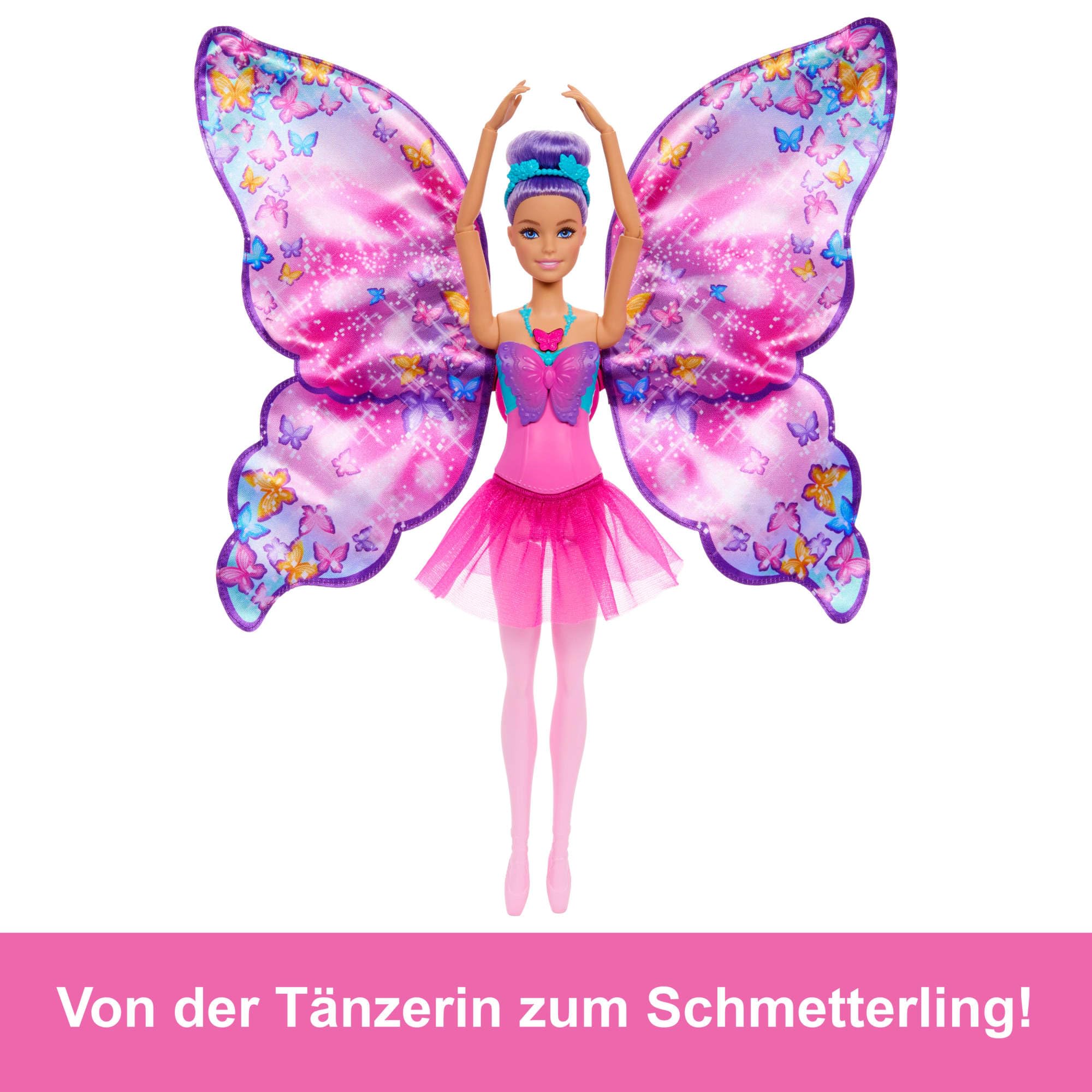 Barbie Tanz und Flatter Puppe mit 2-in-1-Verwandlung von der Tänzerin zum Schmetterling mit sich öffnenden Flügeln, violetten Haaren, Haarschmuck und abnehmbarem Tutu, HXJ10 - Image 3