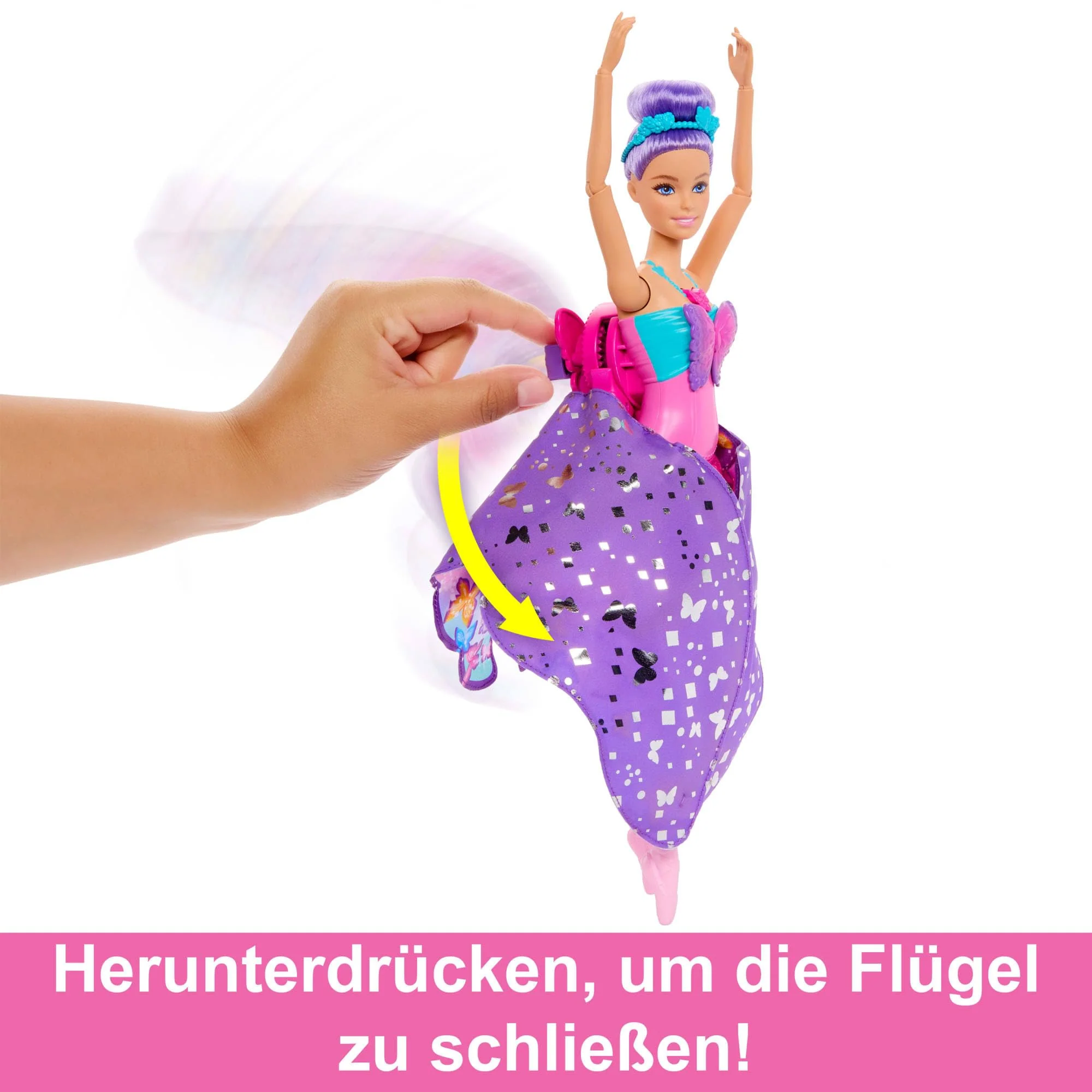 Barbie Tanz und Flatter Puppe mit 2-in-1-Verwandlung von der Tänzerin zum Schmetterling mit sich öffnenden Flügeln, violetten Haaren, Haarschmuck und abnehmbarem Tutu, HXJ10 - Image 4