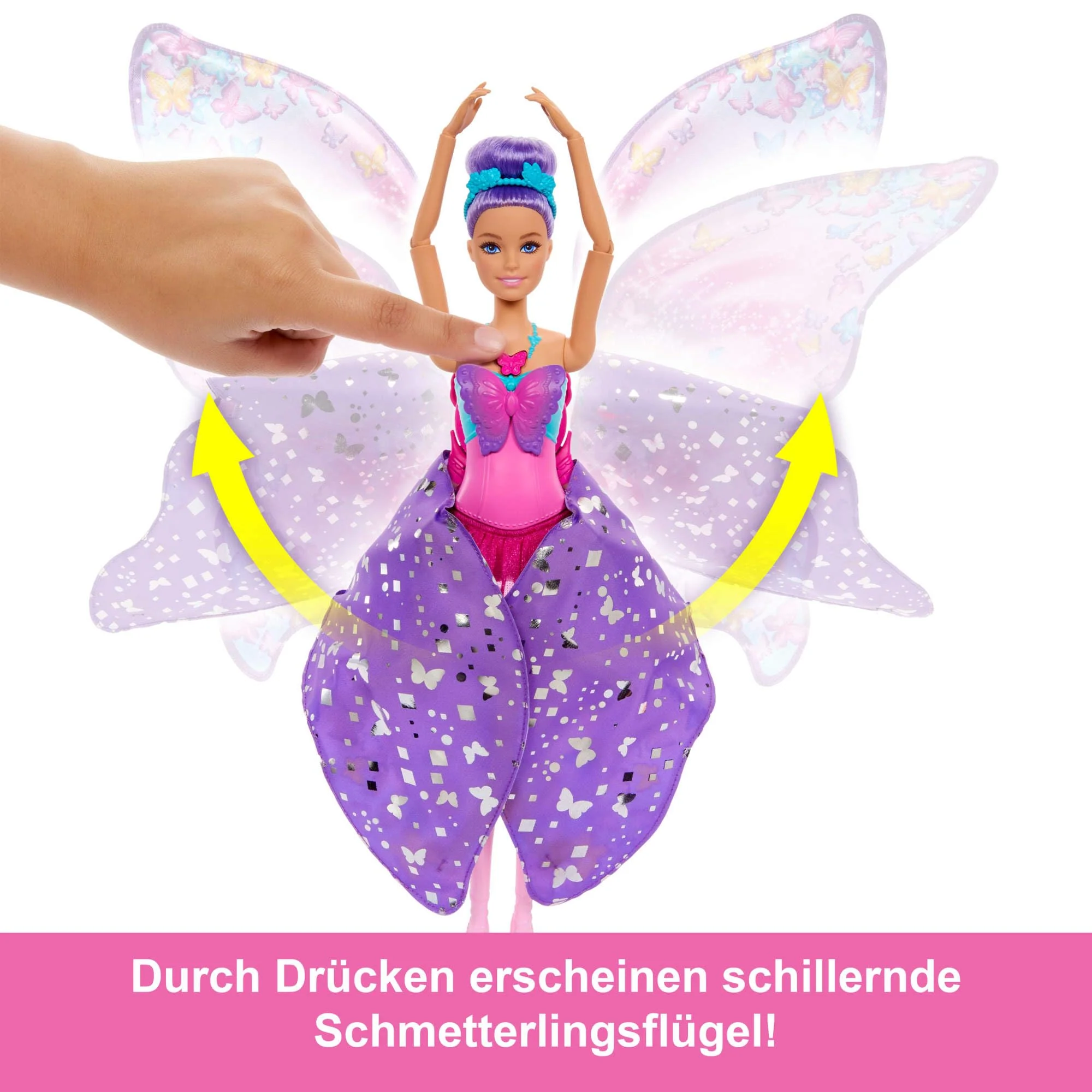 Barbie Tanz und Flatter Puppe mit 2-in-1-Verwandlung von der Tänzerin zum Schmetterling mit sich öffnenden Flügeln, violetten Haaren, Haarschmuck und abnehmbarem Tutu, HXJ10 - Image 5