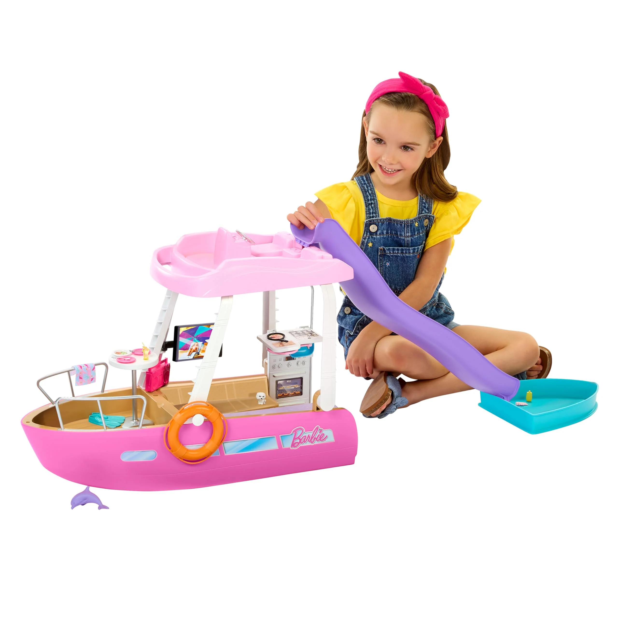 BARBIE Traumboot Spielset - Boot mit Pool und Rutsche, 6 Spielbereiche und über 20 Zubehörteile rund um das Thema Meer, für Kinder ab 3 Jahren, HJV37