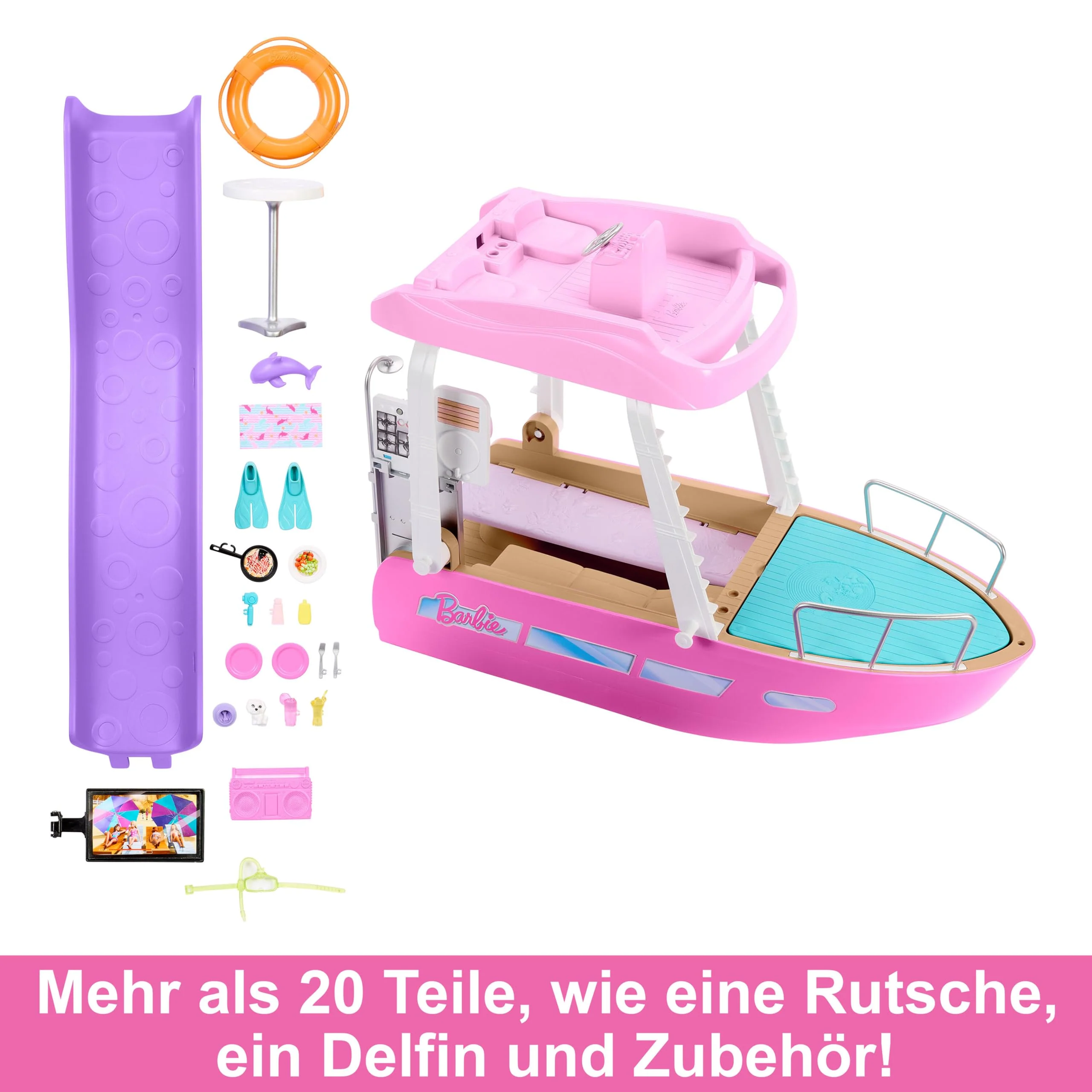 BARBIE Traumboot Spielset - Boot mit Pool und Rutsche, 6 Spielbereiche und über 20 Zubehörteile rund um das Thema Meer, für Kinder ab 3 Jahren, HJV37 - Image 4