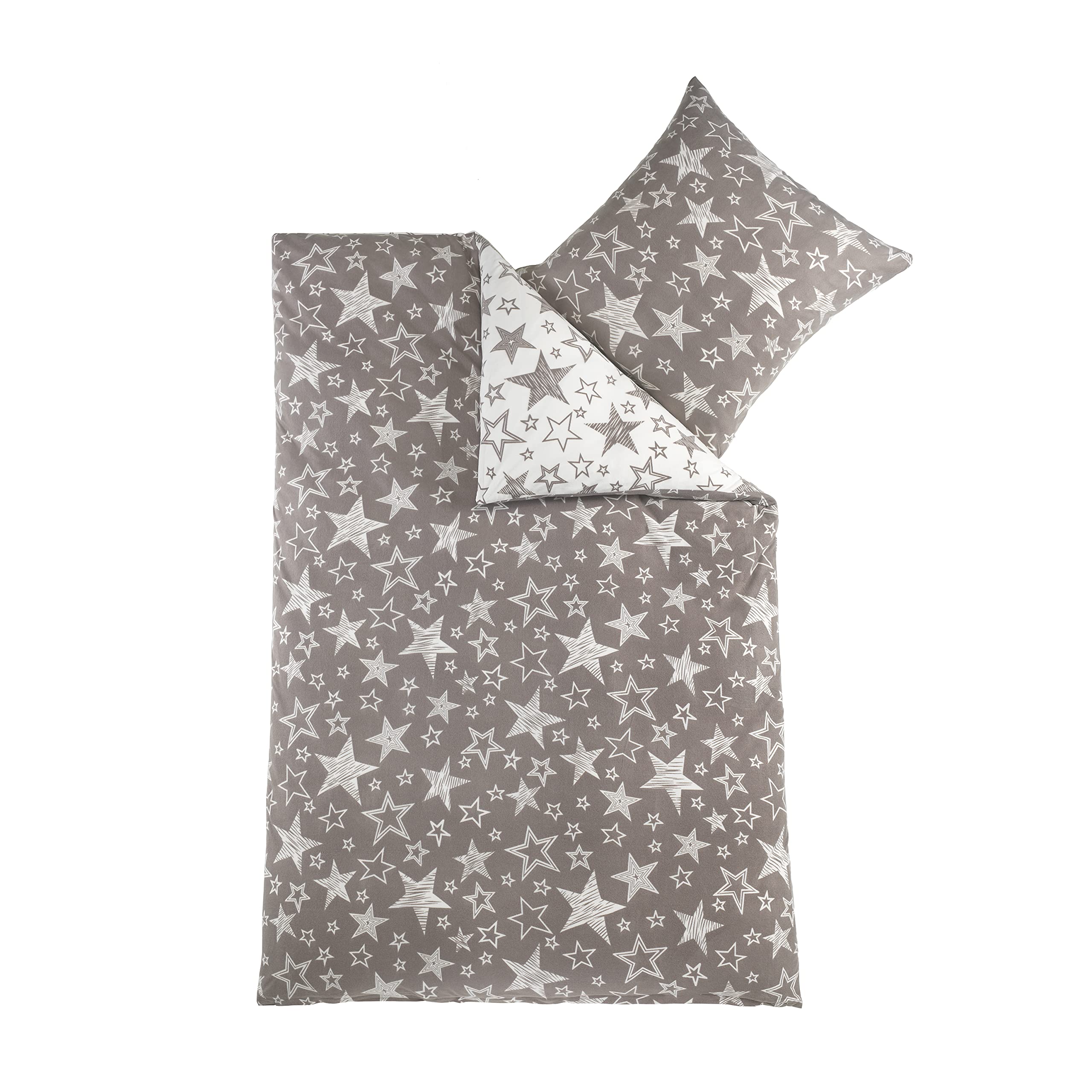BaSaTex 135x200 Microfaser Flausch Bettwäsche Sterne grau Weiss Taupe Fleece Thermofleece 4tlg.Set - Image 7