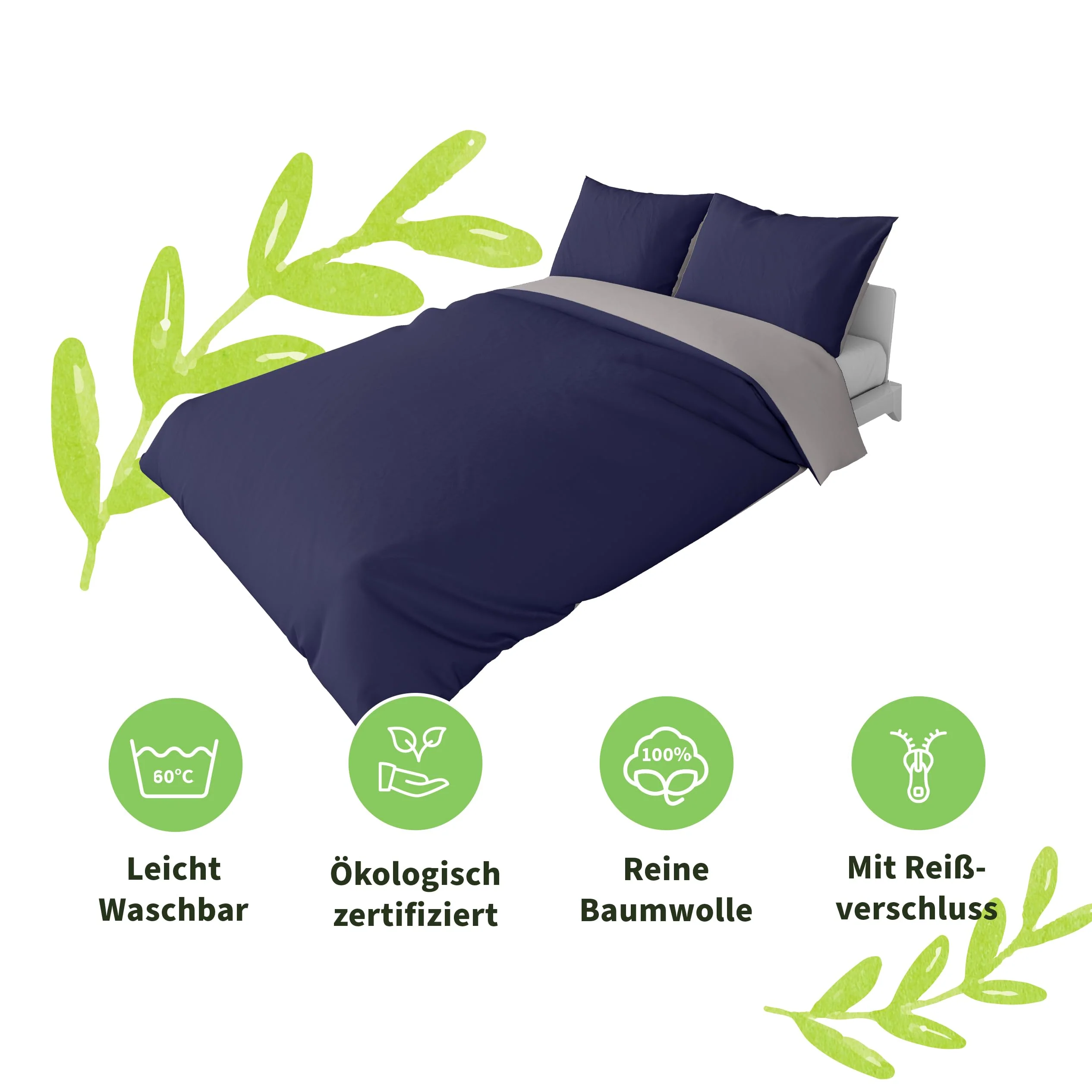 BaSaTex Bio Renforcé Bettwäsche und Kissenbezug | 100% Bio-Baumwolle | Reißverschluss | 135x200 + 80x80 cm |Uni Navy/Silber