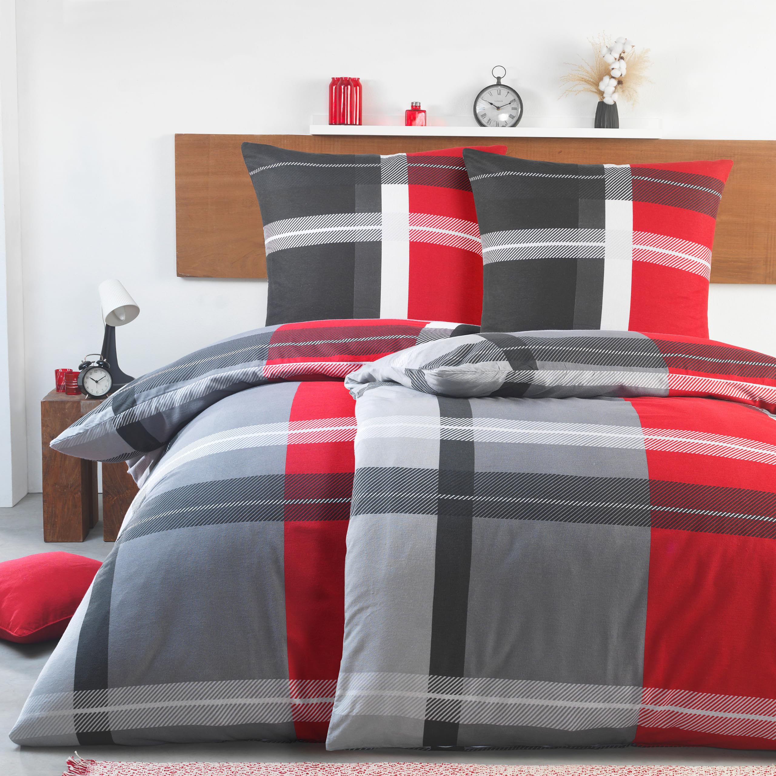 BaSaTex Feinbiber Winter Bettwäsche warme und kuschelige Bettgarnitur und Kissenbezug 135x200 + 80x80 cm | 100% Baumwolle | Thomas - Anthrazit Rot - Image 4
