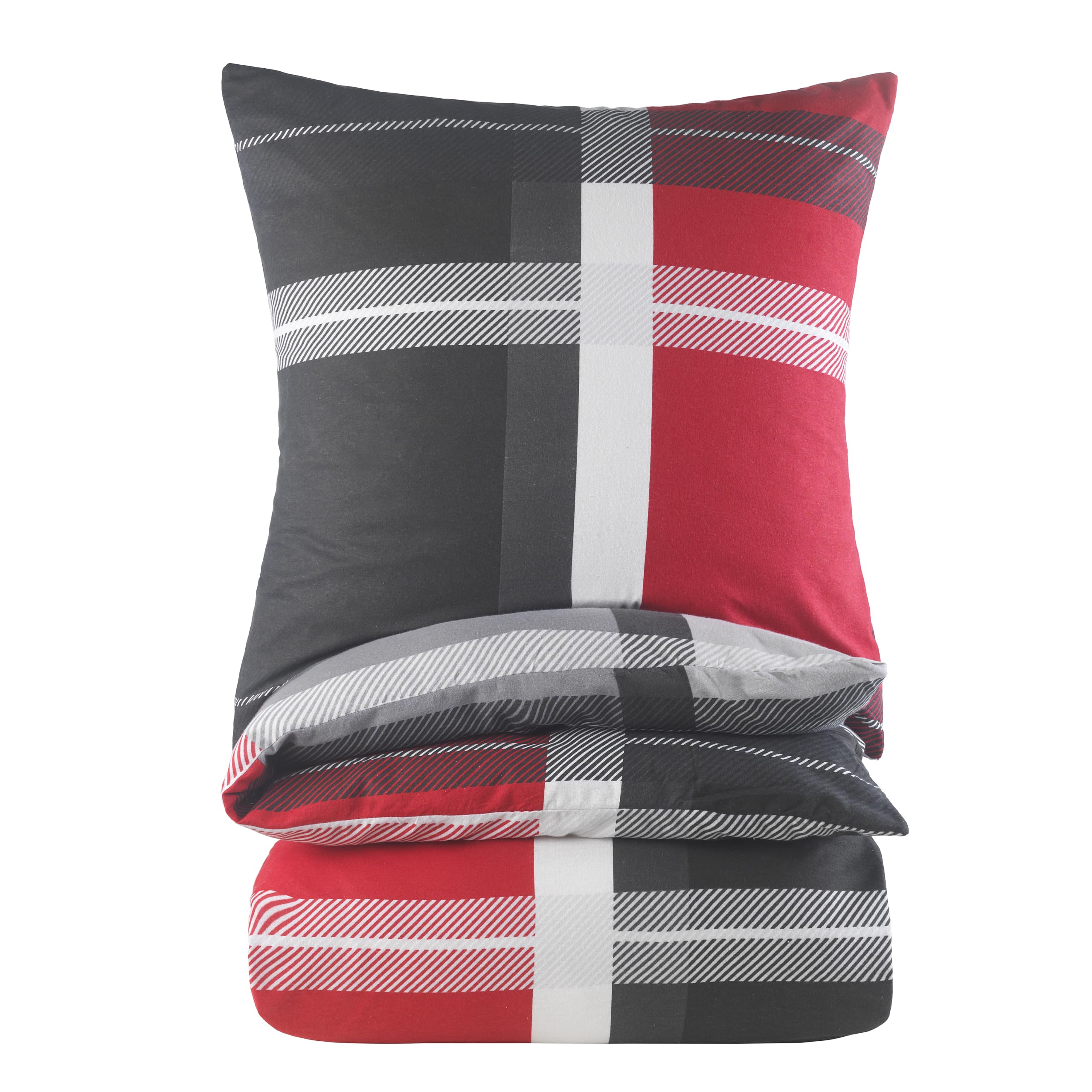 BaSaTex Feinbiber Winter Bettwäsche warme und kuschelige Bettgarnitur und Kissenbezug 135x200 + 80x80 cm | 100% Baumwolle | Thomas - Anthrazit Rot - Image 5