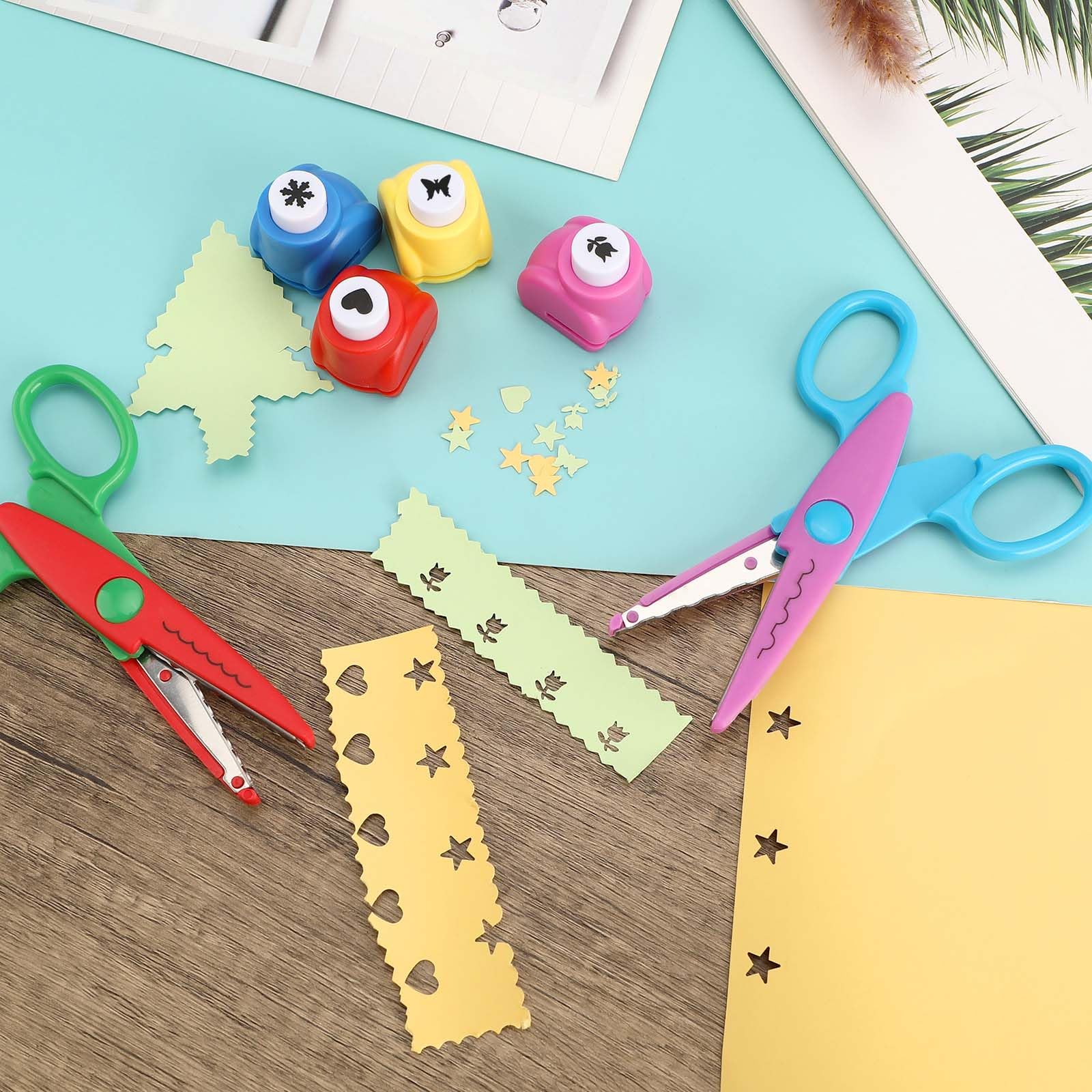 Bastelschere Kinder, 6er Set Kinderschere mit 6 Stück Papierstanzer, 6 Verschiedene Schnittform, Papierschere Set für Kinder Kindergarten Anfängerschere DIY Handwerk - Image 2