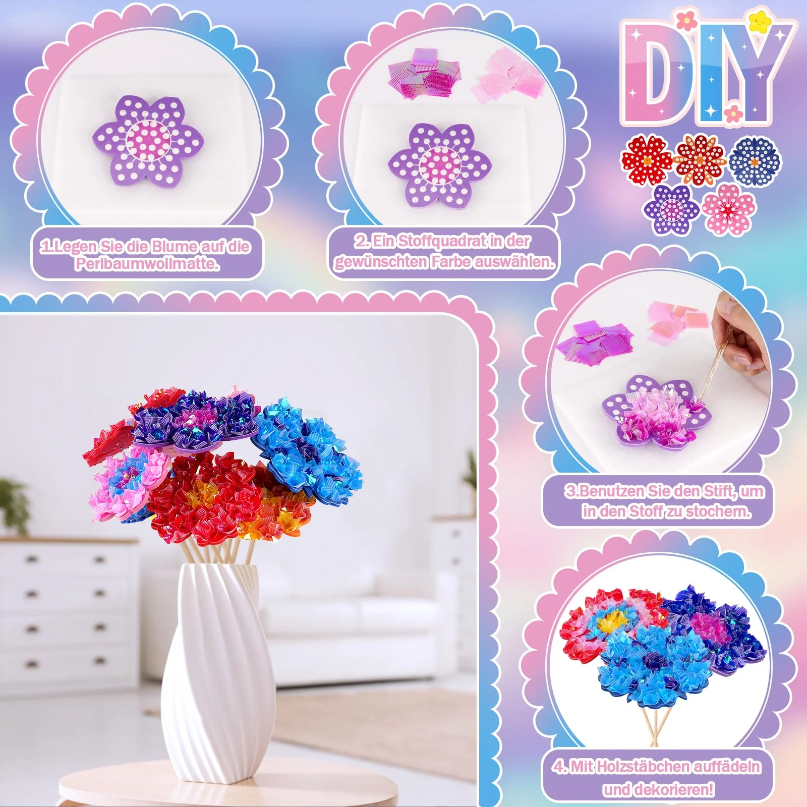 Bastelset Kinder ab 6-4-5 Jahre Basteln Mädchen 8 10 6 5 7 Jahre, Geschenke für Mädchen Spielzeug 5-12 Jahre Kindergeburtstag Blumen Bastelkoffer Blumenstrauß mit Pailletten Kreativ Set für Kinder - Image 4