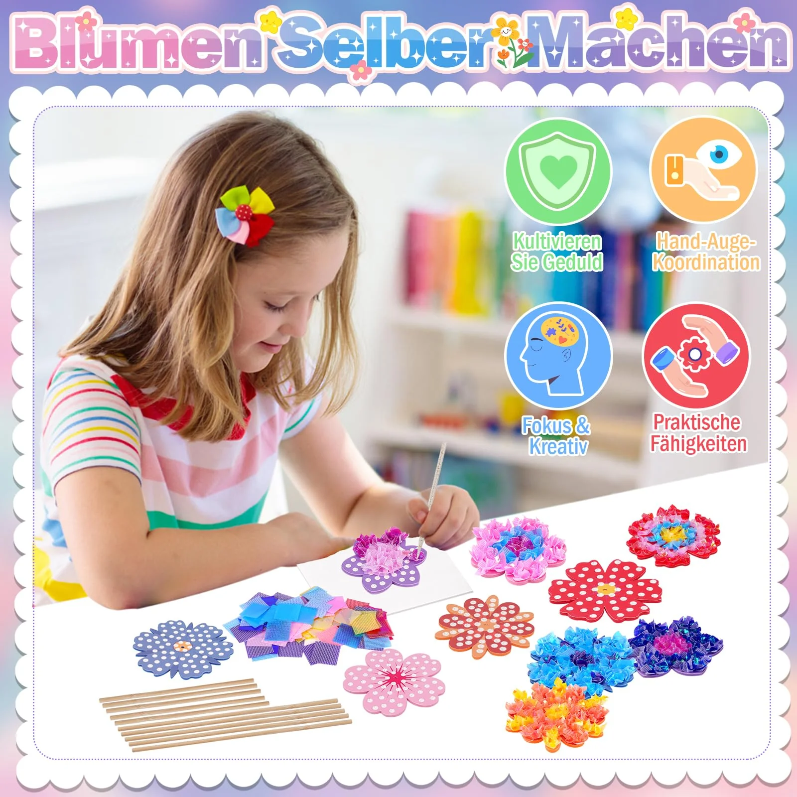 Bastelset Kinder ab 6-4-5 Jahre Basteln Mädchen 8 10 6 5 7 Jahre, Geschenke für Mädchen Spielzeug 5-12 Jahre Kindergeburtstag Blumen Bastelkoffer Blumenstrauß mit Pailletten Kreativ Set für Kinder - Image 7
