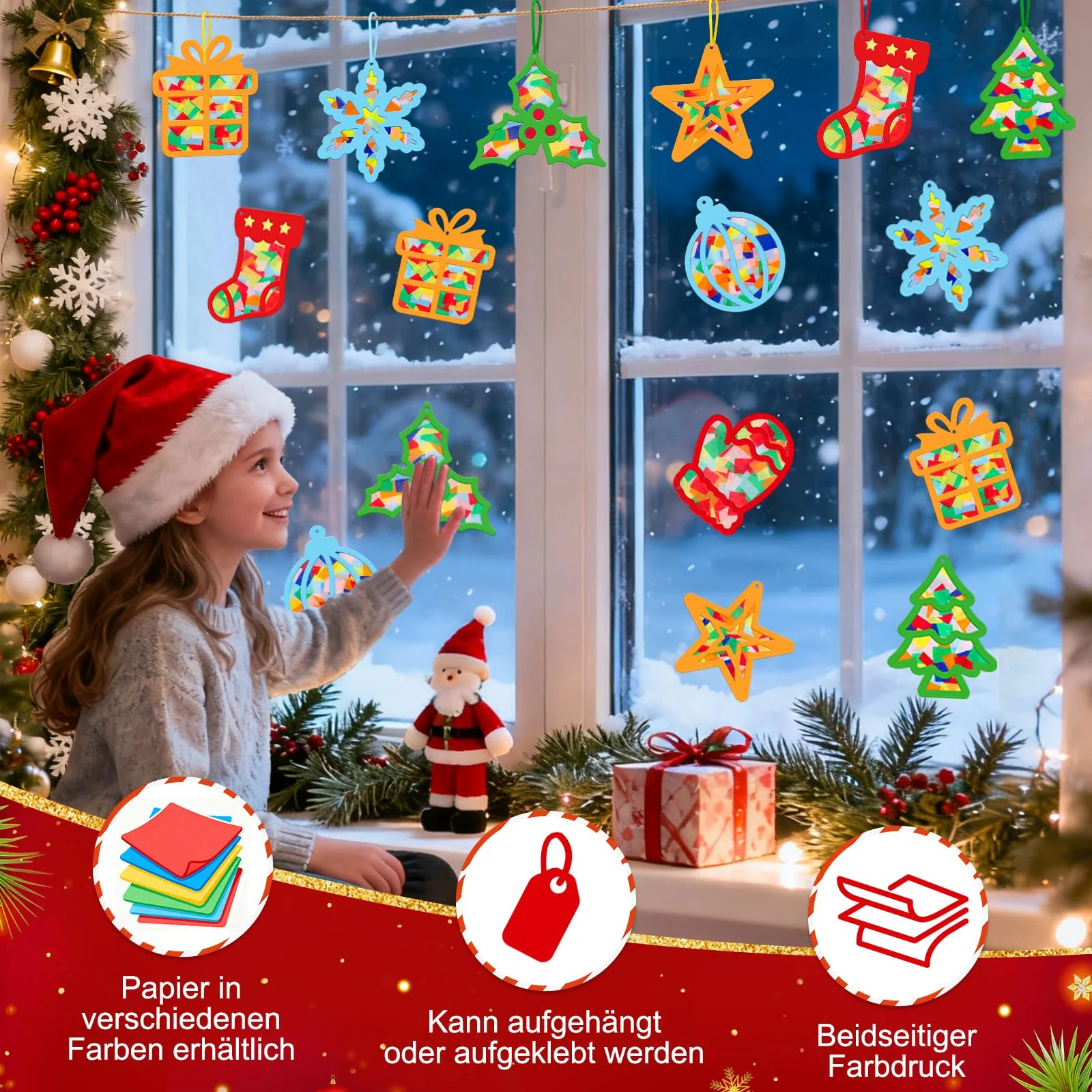 Bastelset Weihnachten Kinder,24 Stück Weihnachtsdeko,Winter Bastelset Sterne,DIY Weihnachts Fensterbilder Kinder,Fensterdeko Basteln Schneeflocke Weihnachtskugel Weihnachtsbaum,Party Neujahr Geschenk - Image 4