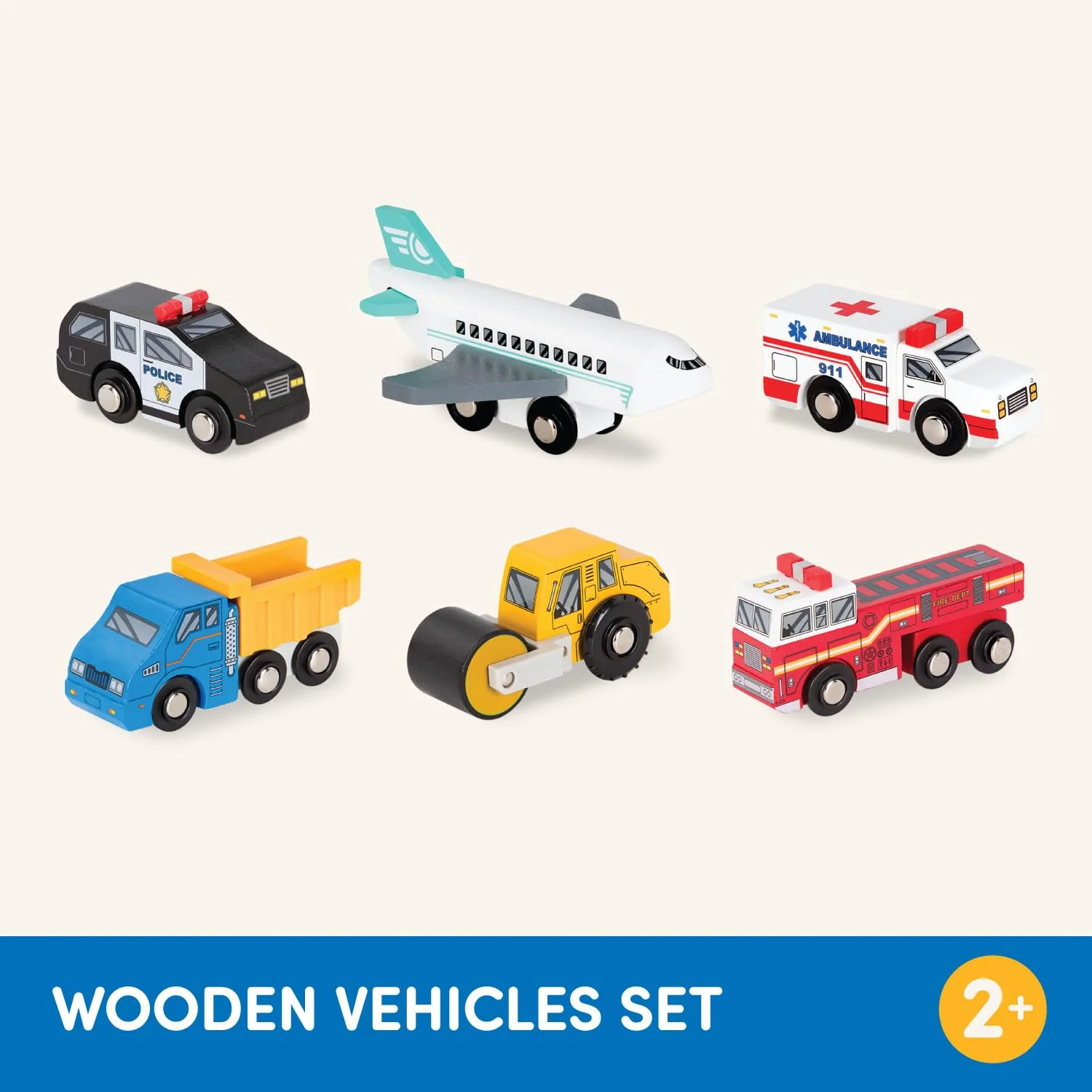 Battat Holzspielzeug 6-teiliges Set, Holzautos Feuerwehr, Polizeiauto, Krankenwagen und mehr – Kinder Spielzeug Autos ab 3 Jahren - Image 3