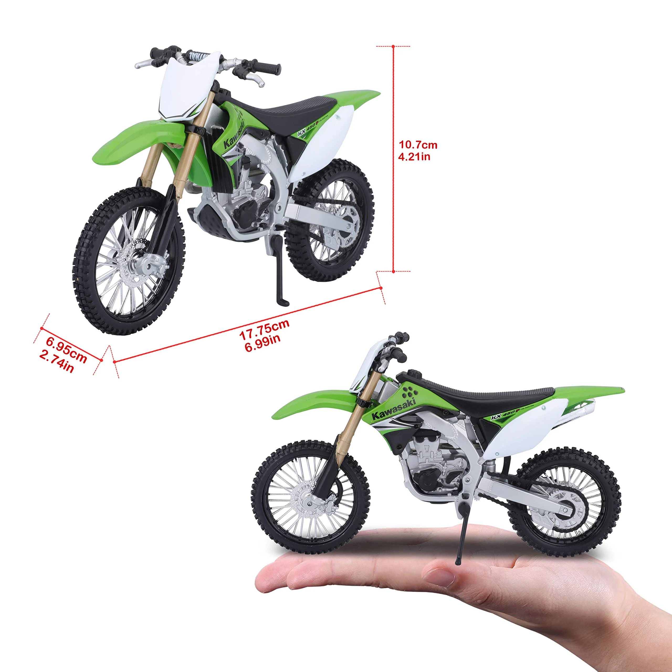 Bauer Spielwaren 2049755 Maisto Kawasaki KX 450F: Originalgetreues Motorradmodell 1:12, mit beweglichem Ständer, Hinterrad-Federung und frei rollenden Rädern, grün (531175) - Image 8