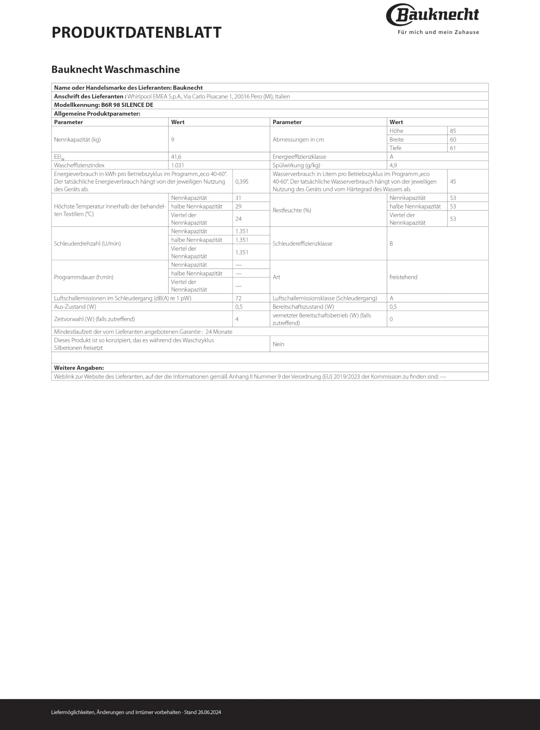 Bauknecht B6R 98 SILENCE DE Waschmaschine/ 9 kg/ 1400 U/min/A-20% spart bis zu 20% Energie/Besonders leise Waschmaschine/Steam 3.0-3 Kraftvolle Dampftechnologien/Energie + Zeitoptimierte Programme - Image 2
