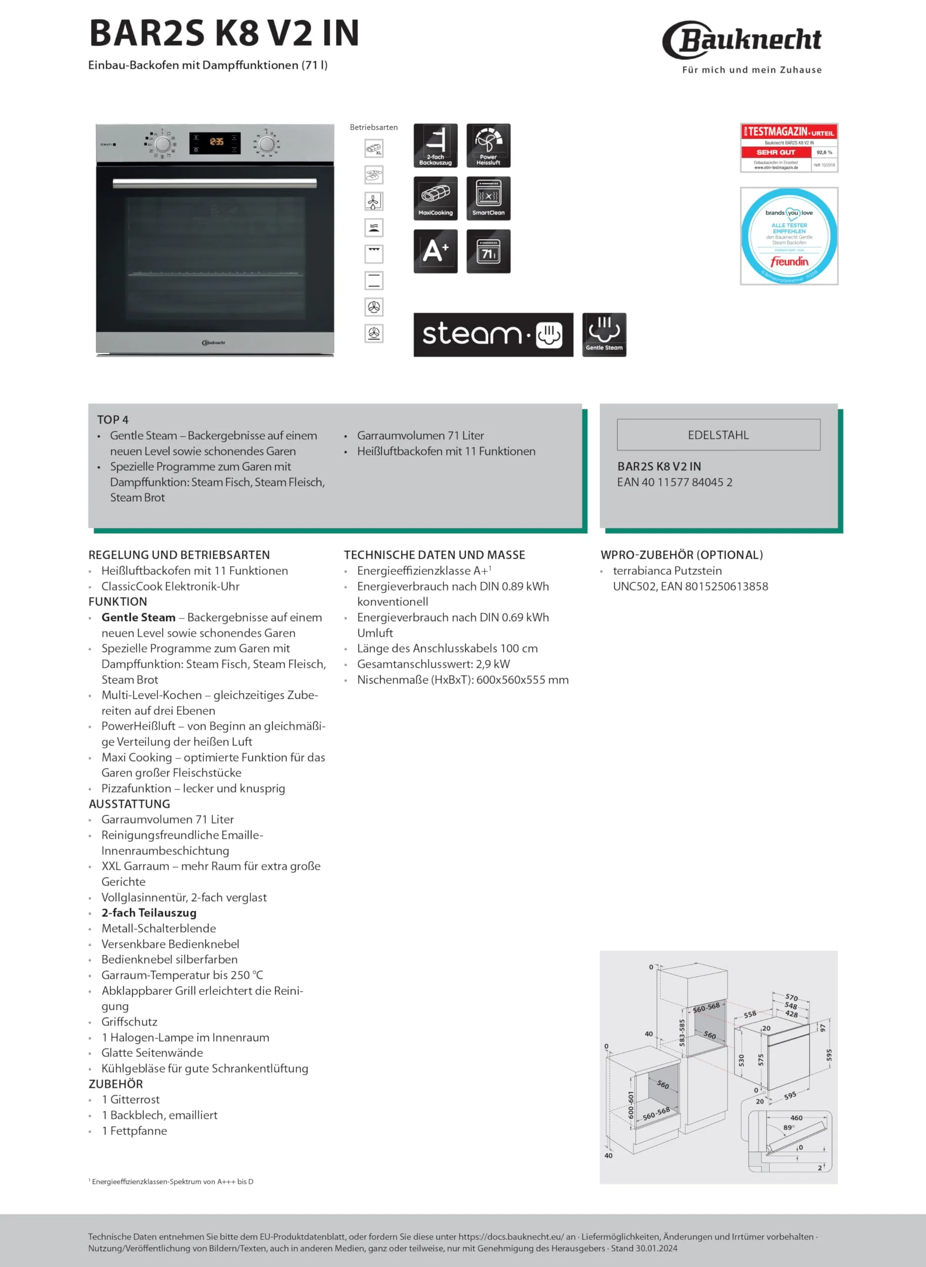 Bauknecht BAR2 KH8V2 IN Einbau-Backofen/A+/71 L/ hydrolytische Selbstreinigungsfunktion / Edelstahl ProTouch / PowerHeißluft - Image 15