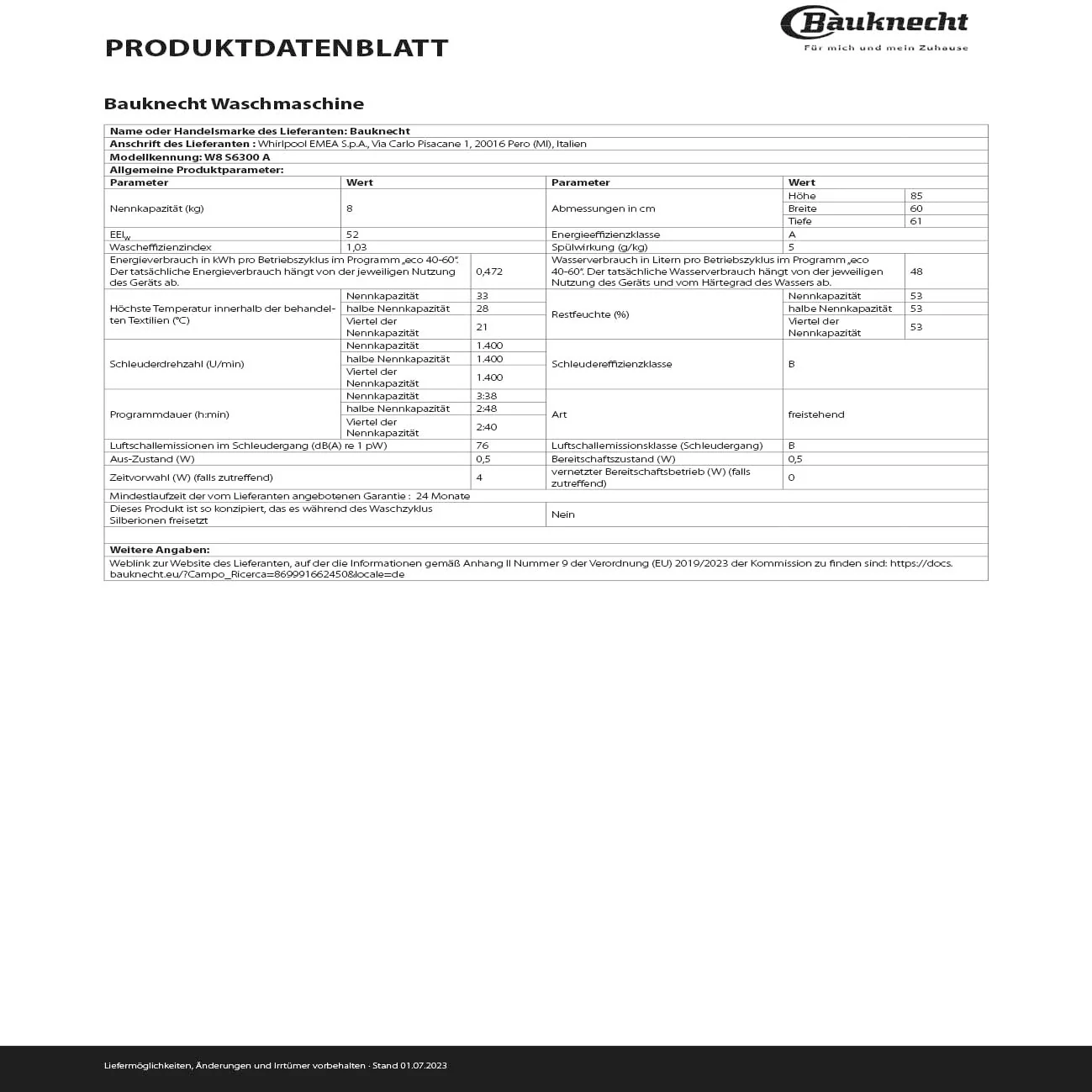 Bauknecht W8 S6300 A Waschmaschine Frontlader / 8kg / EEK A/Kurz 30 / Kurz 45 / Kraftvolle Fleckenentfernung/Anti-Allergie-Programm/Wolleprogramm/Schwarz/Langlebiger Inverter-Motor - Image 10