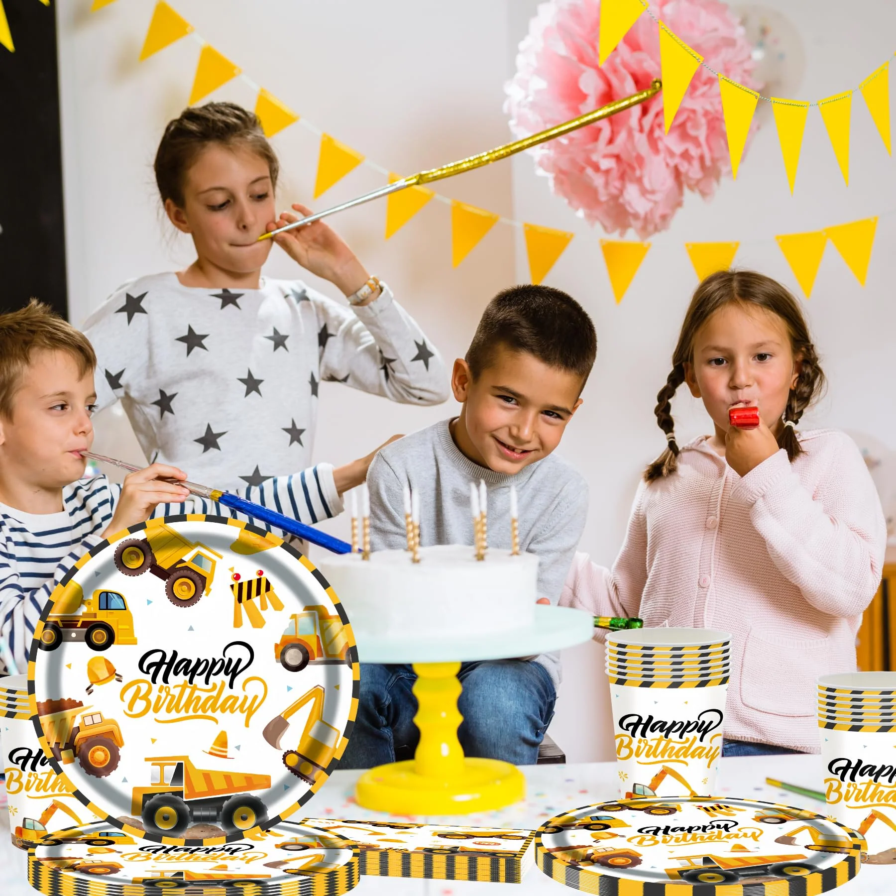 Baustelle Partygeschirr für 16 Gäste,Bagger Partyteller Geburtstag Geschirr,Baustelle Pappteller Becher Servietten,Technik Fahrzeug Partygeschirr für Junge Mädchen Kindergeburtstag Deko - Image 4