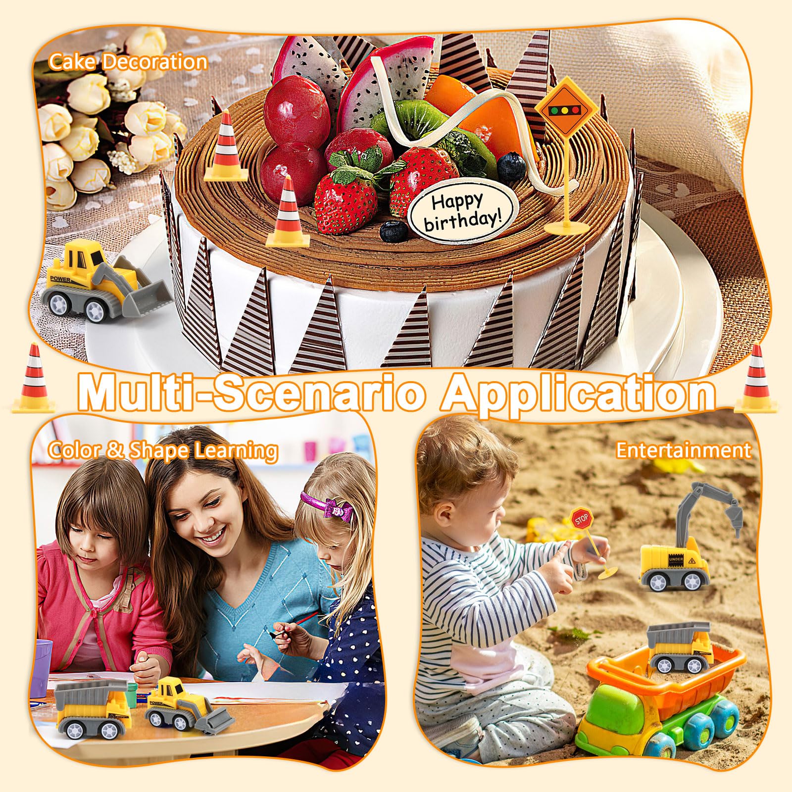 Baustellenfahrzeuge Kinder, 10 Stück Bagger Tortendeko, Mini Bagger Kuchendeko Spielzeug mit Verkehrsschildern, Baufahrzeuge für Geburtstag Junge Mädchen 2 3 4 5 Jahre - Image 4