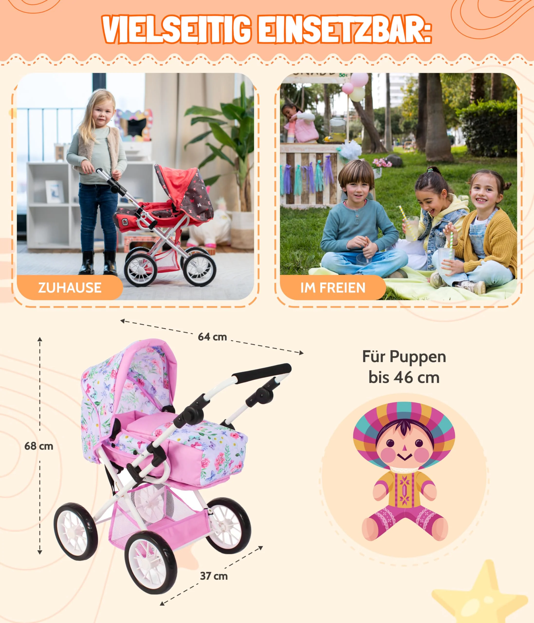 Bayer Chic 2000® 3in1 Kombi Puppenwagen Leni - Flowers Rosa - faltbar, höhenverstellbarer Griff 43-67 cm, Tragetasche – Puppen bis 46 cm, ab 3 J. - Image 4