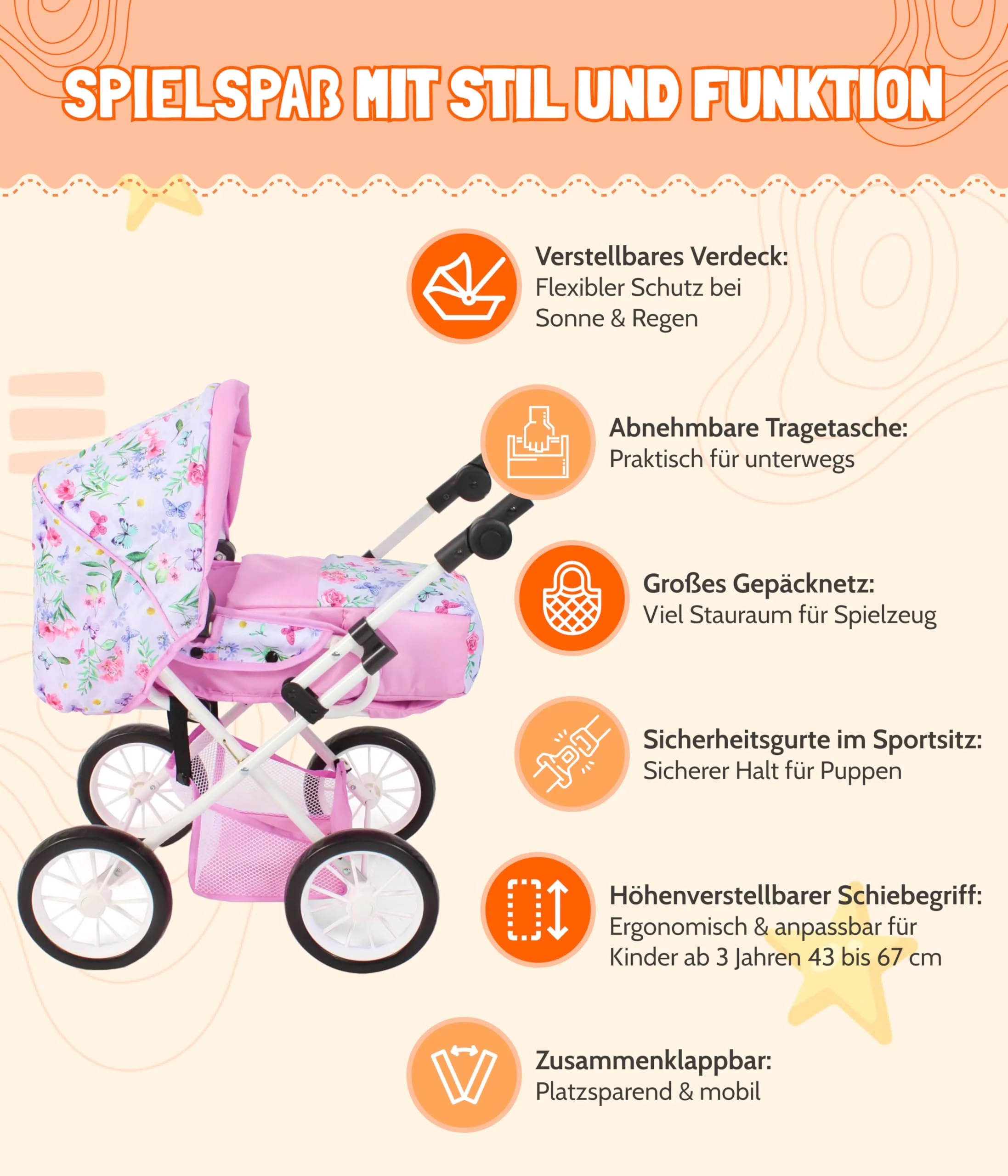 Bayer Chic 2000® 3in1 Kombi Puppenwagen Leni - Flowers Rosa - faltbar, höhenverstellbarer Griff 43-67 cm, Tragetasche – Puppen bis 46 cm, ab 3 J. - Image 5