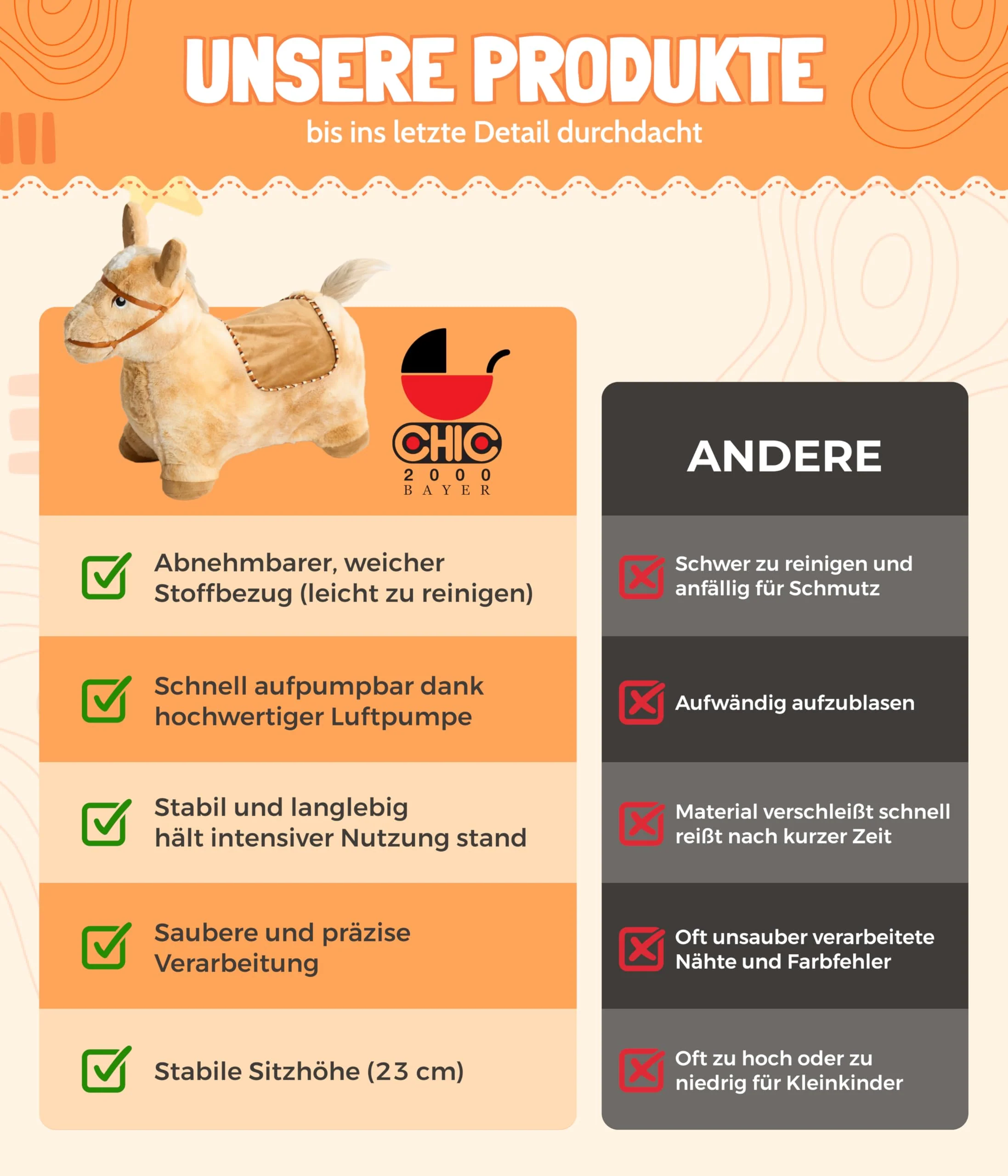 Bayer Chic 2000® Aufblasbares Hüpftier – Braunes Pferd –Mit weichem abnehmbarem Bezug & Luftpumpe – Perfekt für Mädchen & Jungen – Ab 18 Monaten, Braun - Image 3