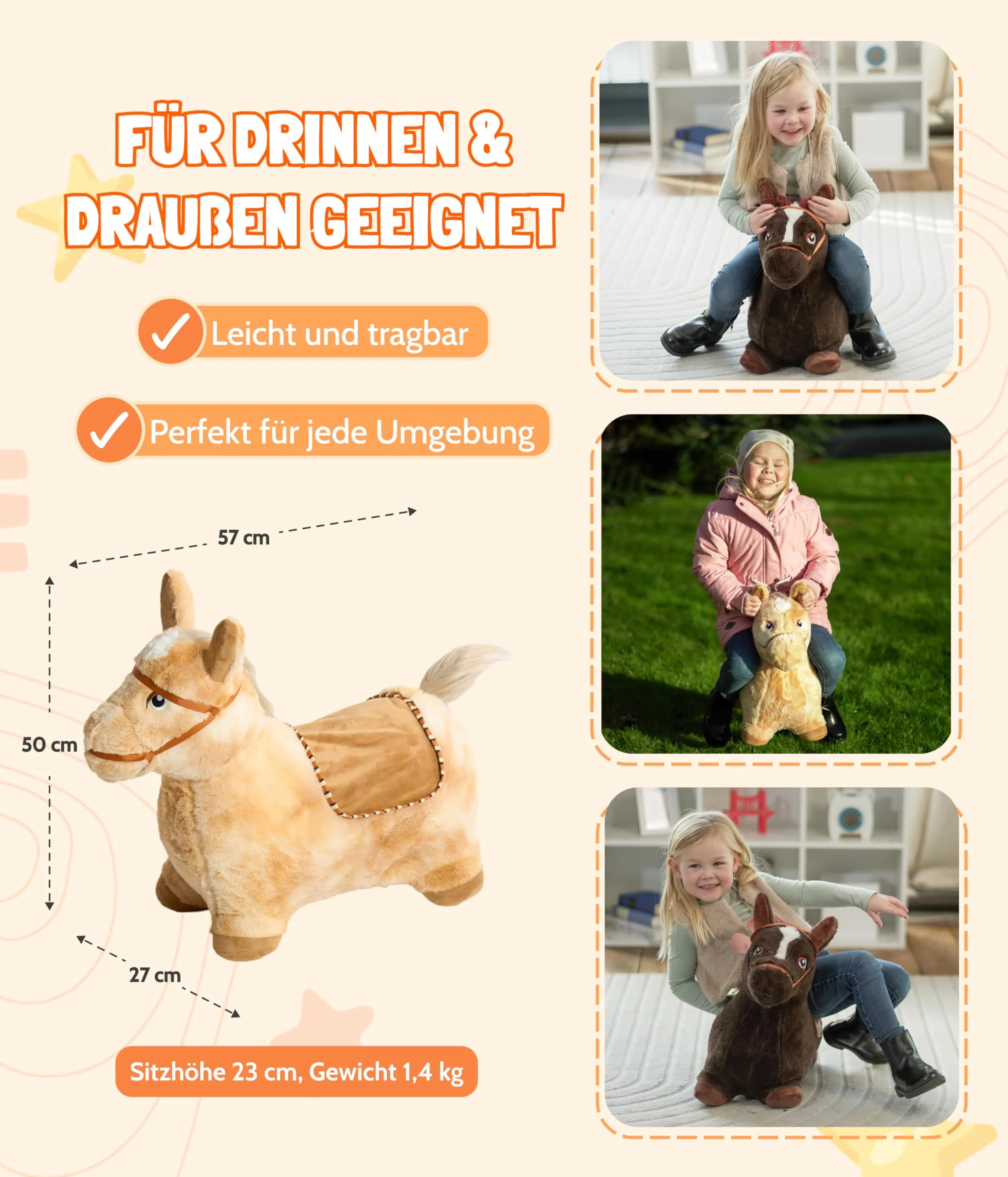 Bayer Chic 2000® Aufblasbares Hüpftier – Braunes Pferd –Mit weichem abnehmbarem Bezug & Luftpumpe – Perfekt für Mädchen & Jungen – Ab 18 Monaten, Braun - Image 4