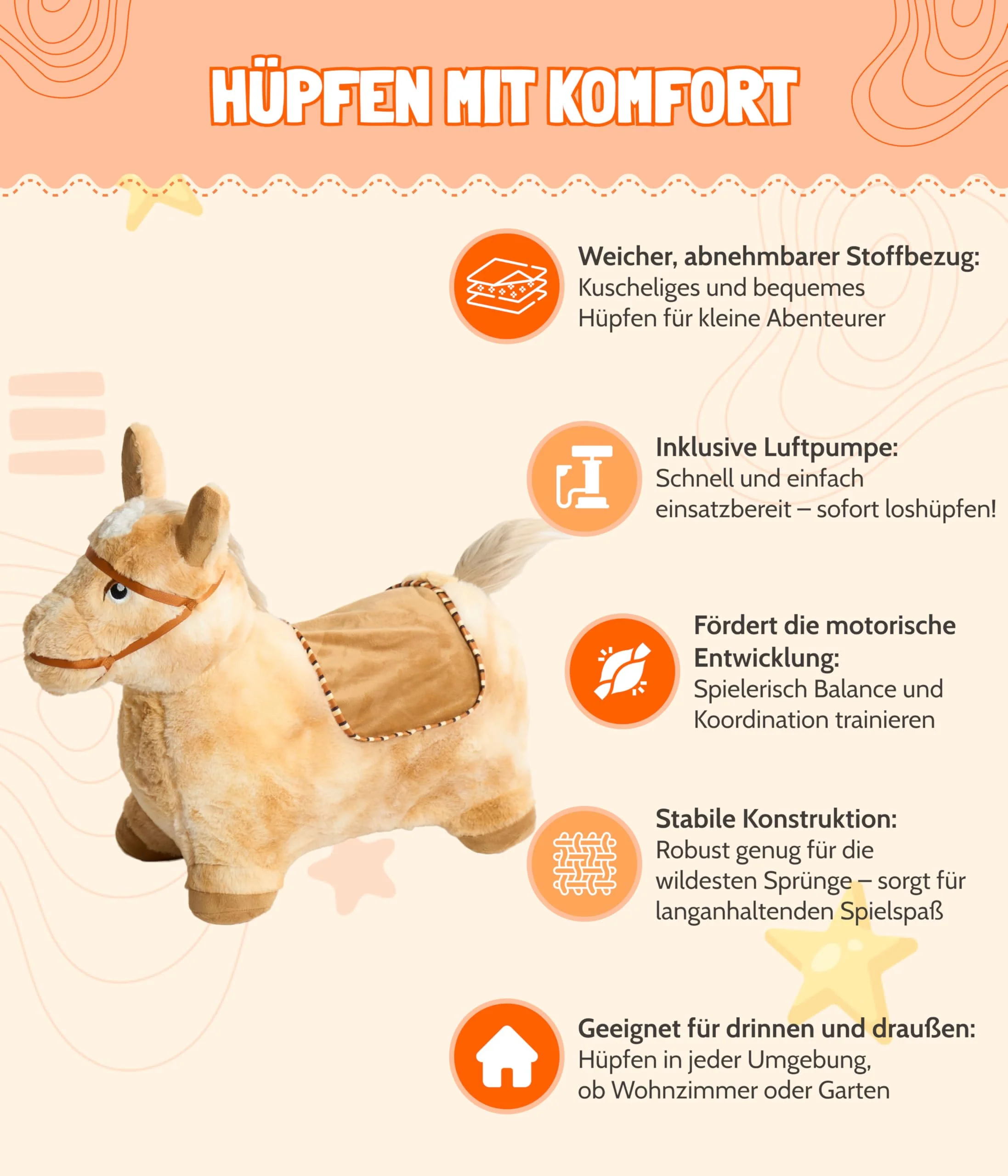 Bayer Chic 2000® Aufblasbares Hüpftier – Braunes Pferd –Mit weichem abnehmbarem Bezug & Luftpumpe – Perfekt für Mädchen & Jungen – Ab 18 Monaten, Braun - Image 5