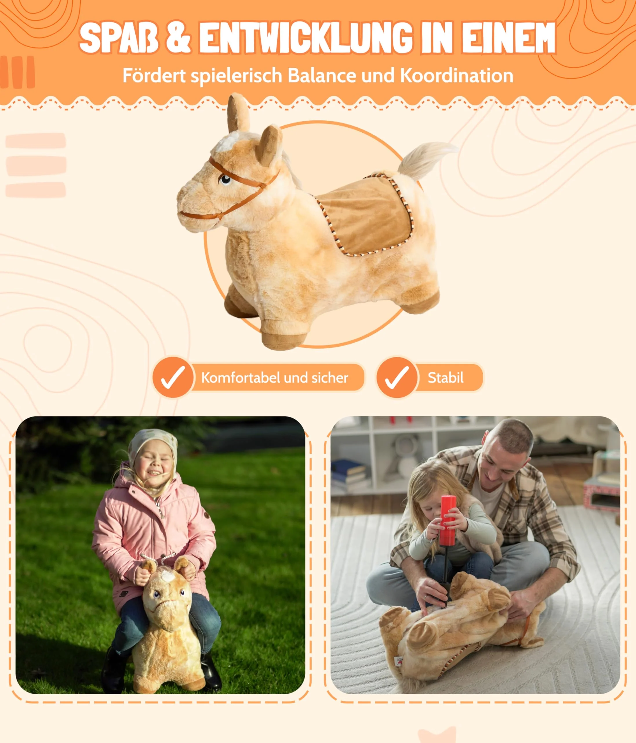 Bayer Chic 2000® Aufblasbares Hüpftier – Braunes Pferd –Mit weichem abnehmbarem Bezug & Luftpumpe – Perfekt für Mädchen & Jungen – Ab 18 Monaten, Braun - Image 6