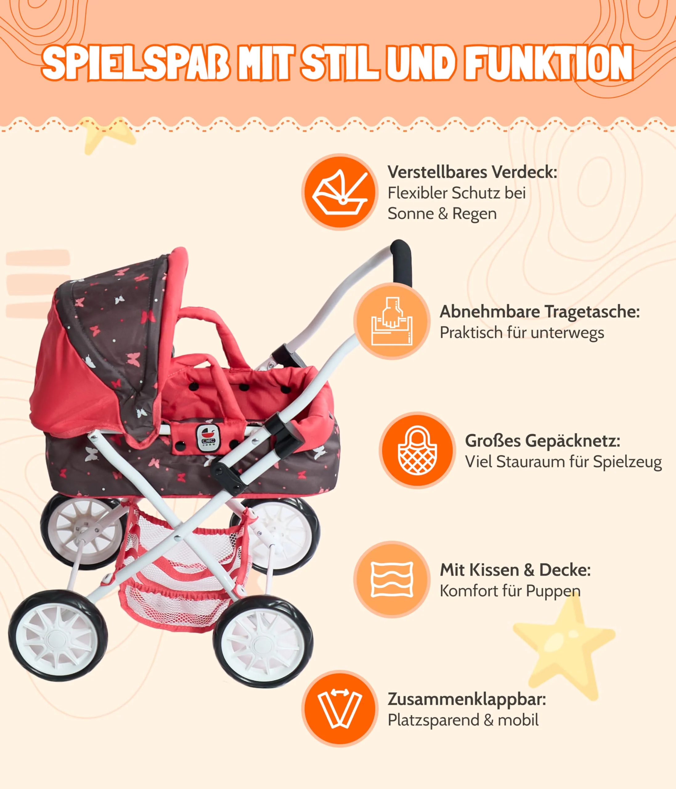 Bayer Chic 2000® Puppenwagen Smarty – Butterfly Koralle– Zusammenklappbar – Mit Verdeck, Tasche, Kissen & Decke – Griffhöhe 56 cm – Für Kinder ab 2 Jahren - Image 5