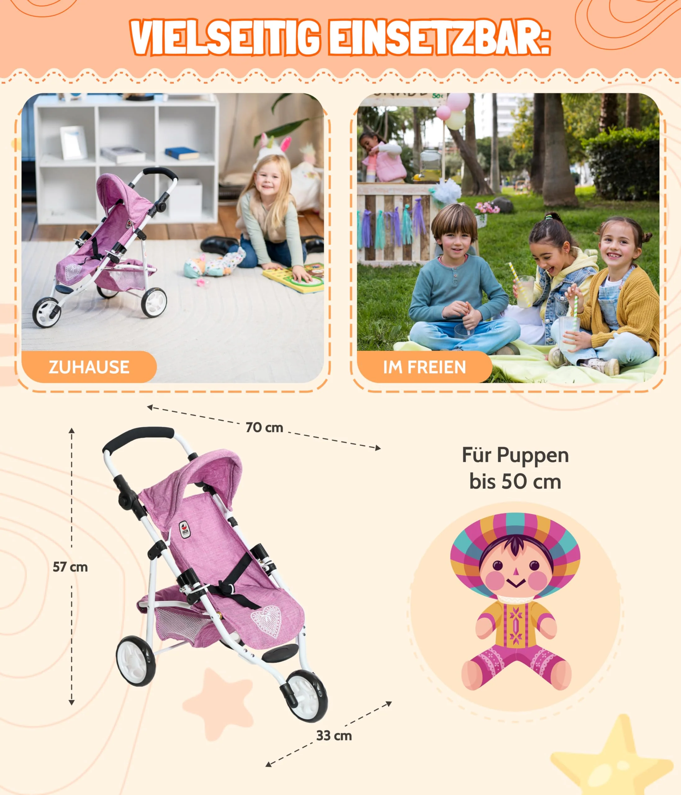 Bayer Chic 2000 - 61276 - Puppenbuggy Lola, Jogging-Buggy, Puppenjogger, Puppenwagen, Jeans grau, 70 x 33 x 62 cm - Image 4